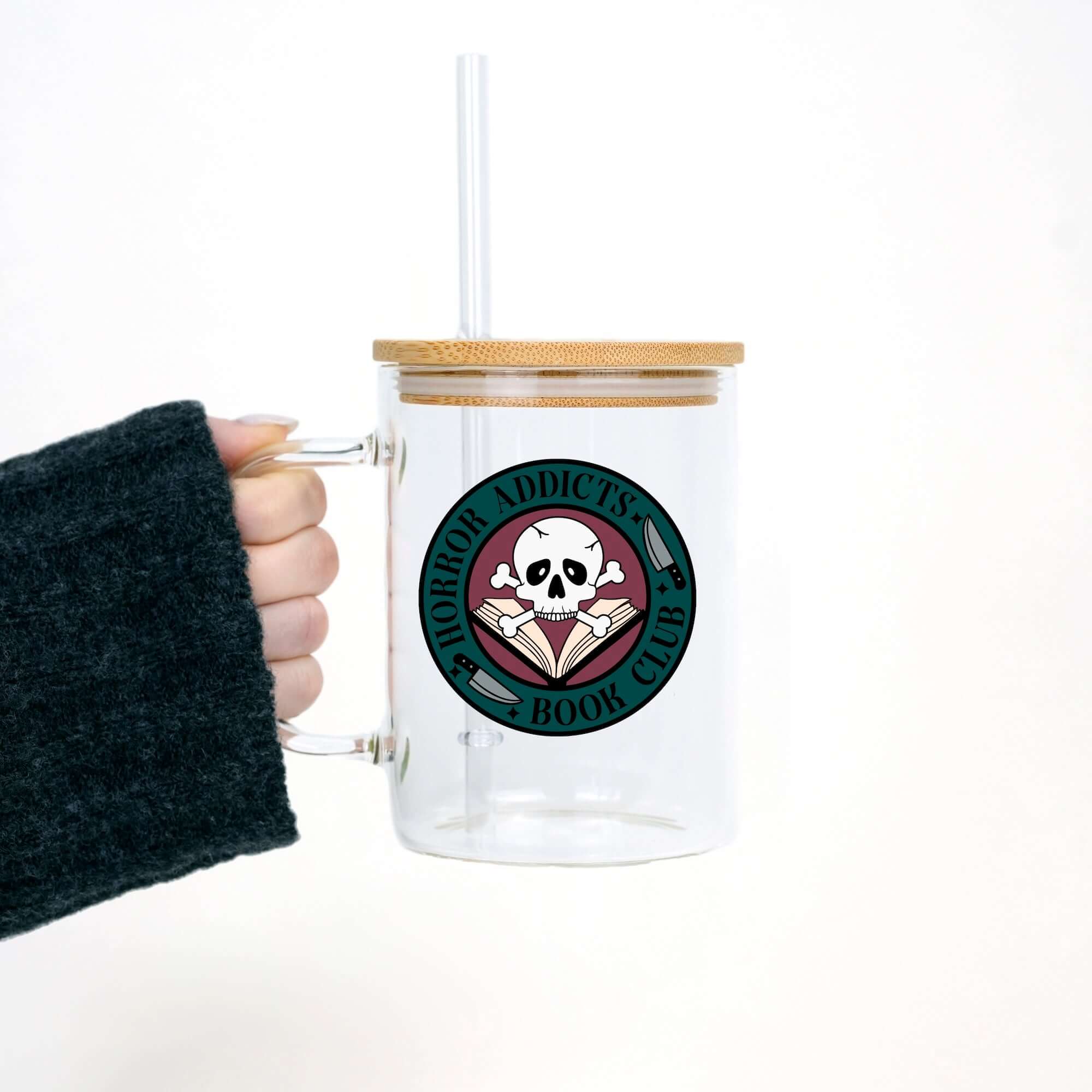 Horror Addicts Book Club 17oz Glass Mug With Lid and Straw