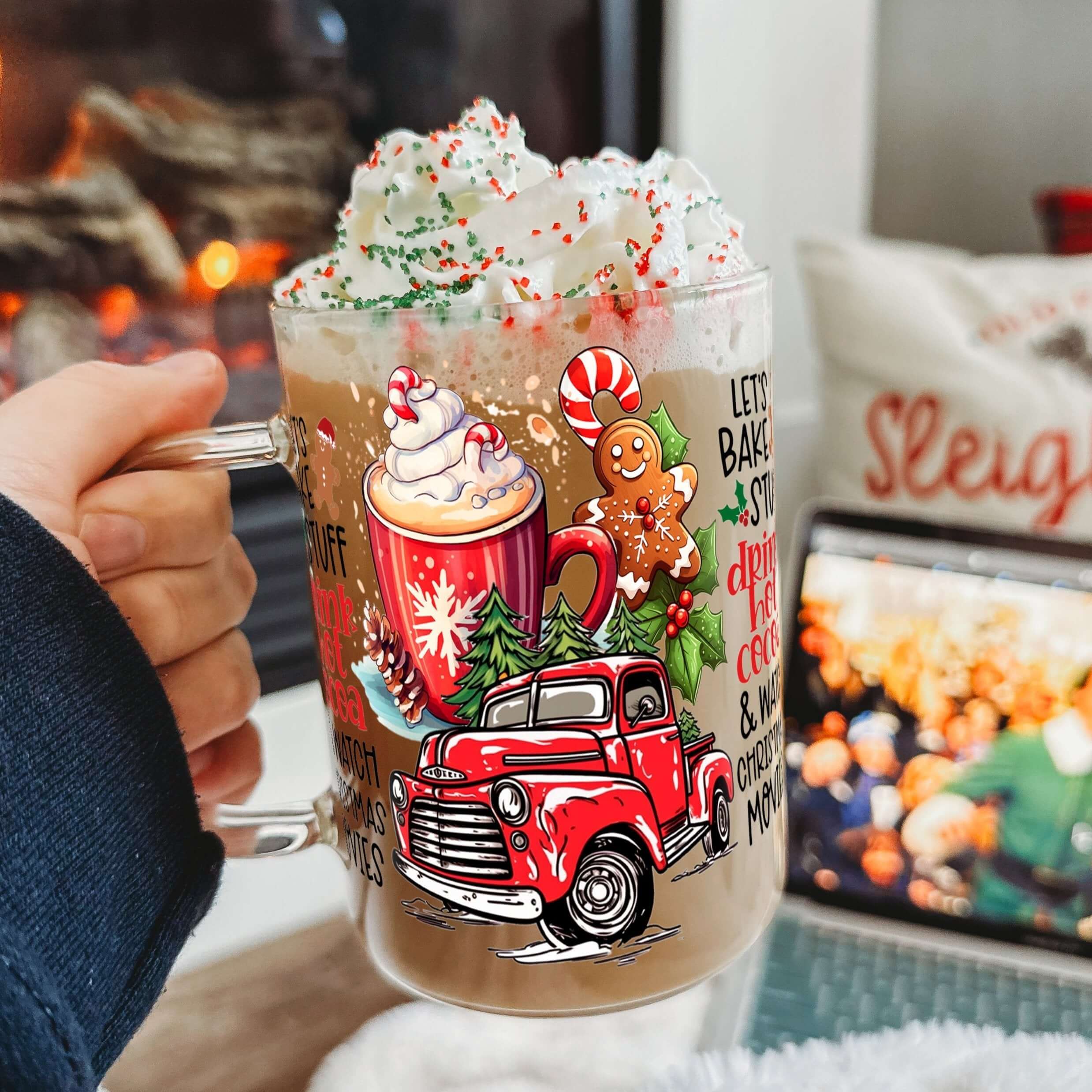 Hot Cocoa Christmas 17oz Glass Mug With Lid and Straw