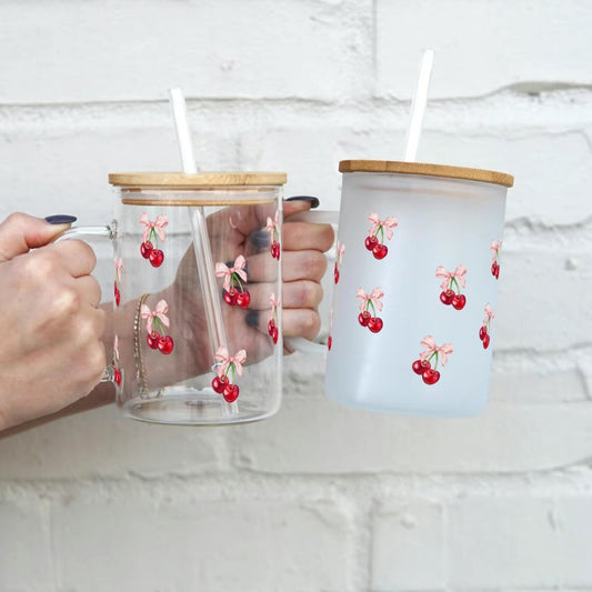 Vintage Cherry Bows 17oz Glass Mug With Lid and Straw