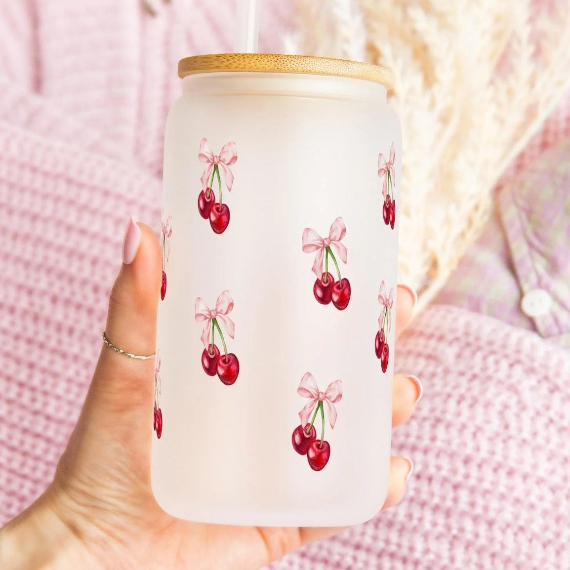 Vintage Cherry Bows Glass Can Cup With Lid and Straw