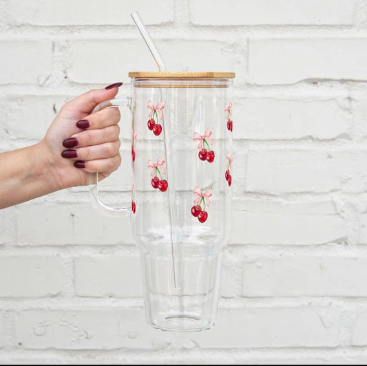 Vintage Cherry Bows 40oz Glass Tumbler With Lid and Straw