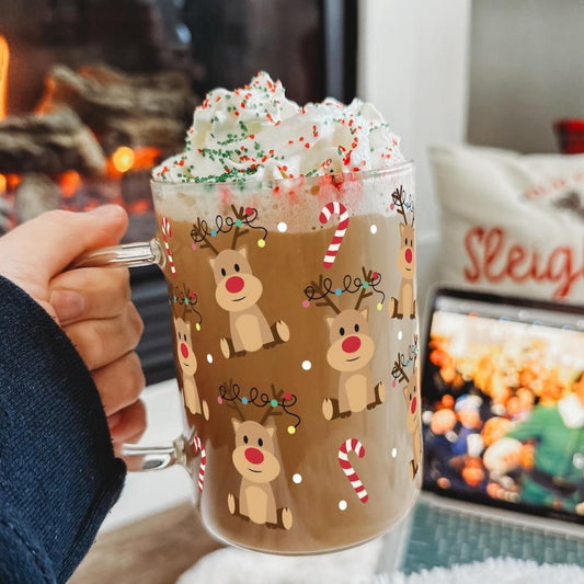 Christmas Deer and Candy Canes 17oz Clear Glass Mug With Lid and Straw