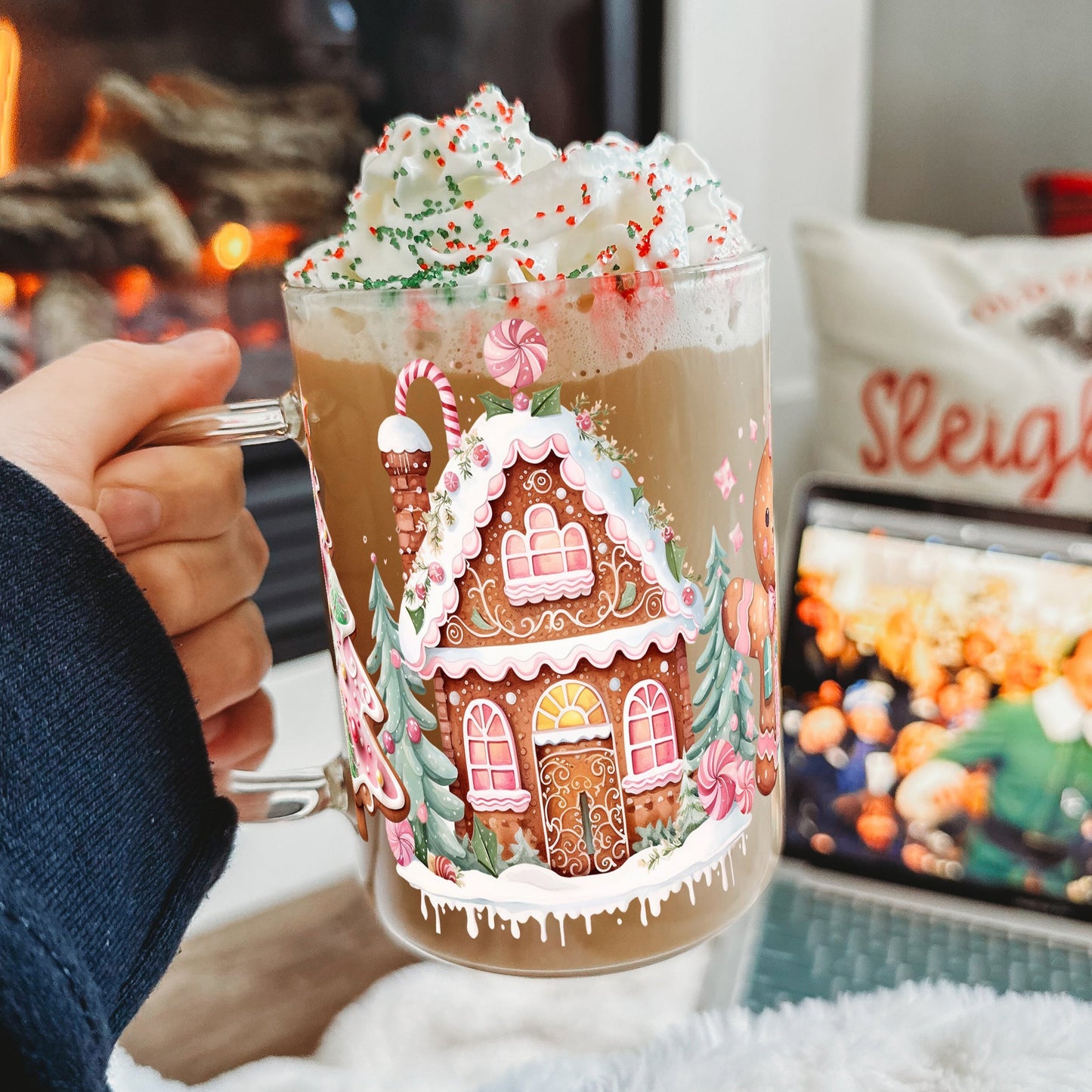 Pink Gingerbread House 17oz Glass Mug With Lid and Straw