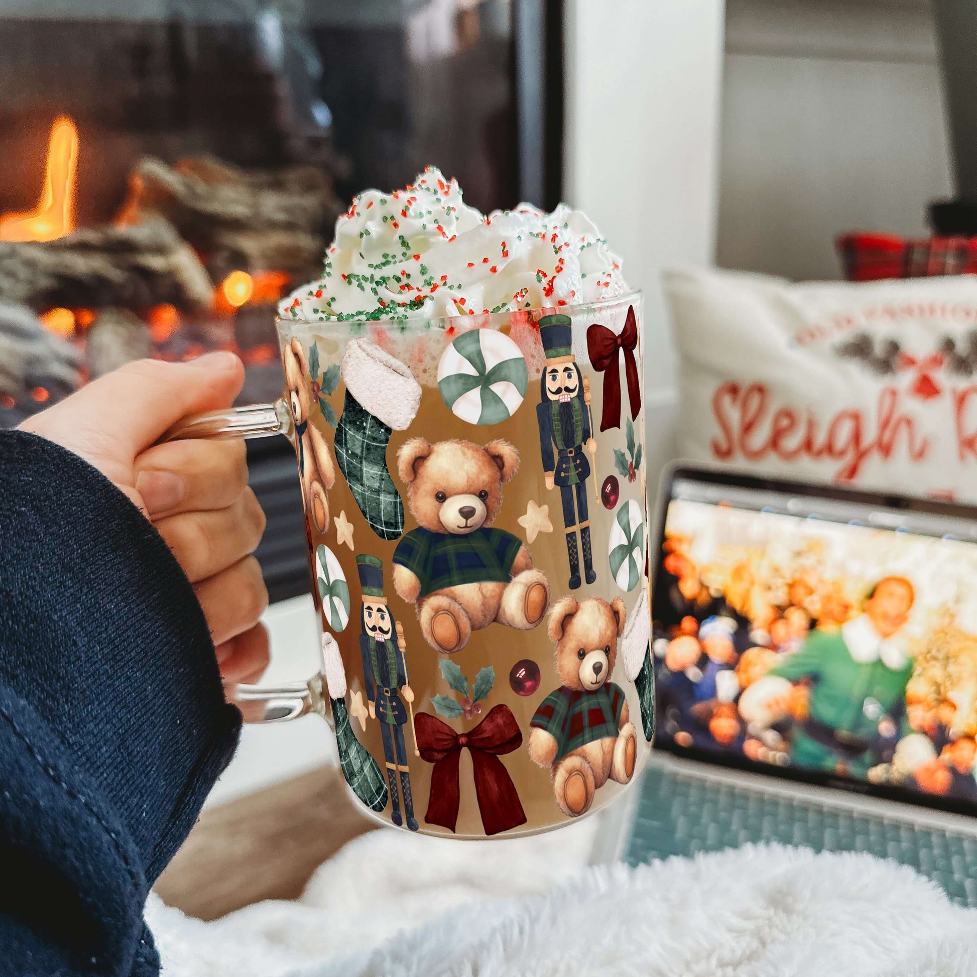 Plaid Teddy Christmas 17oz Glass Mug with Lid & Straw | Sip Sip Hooray