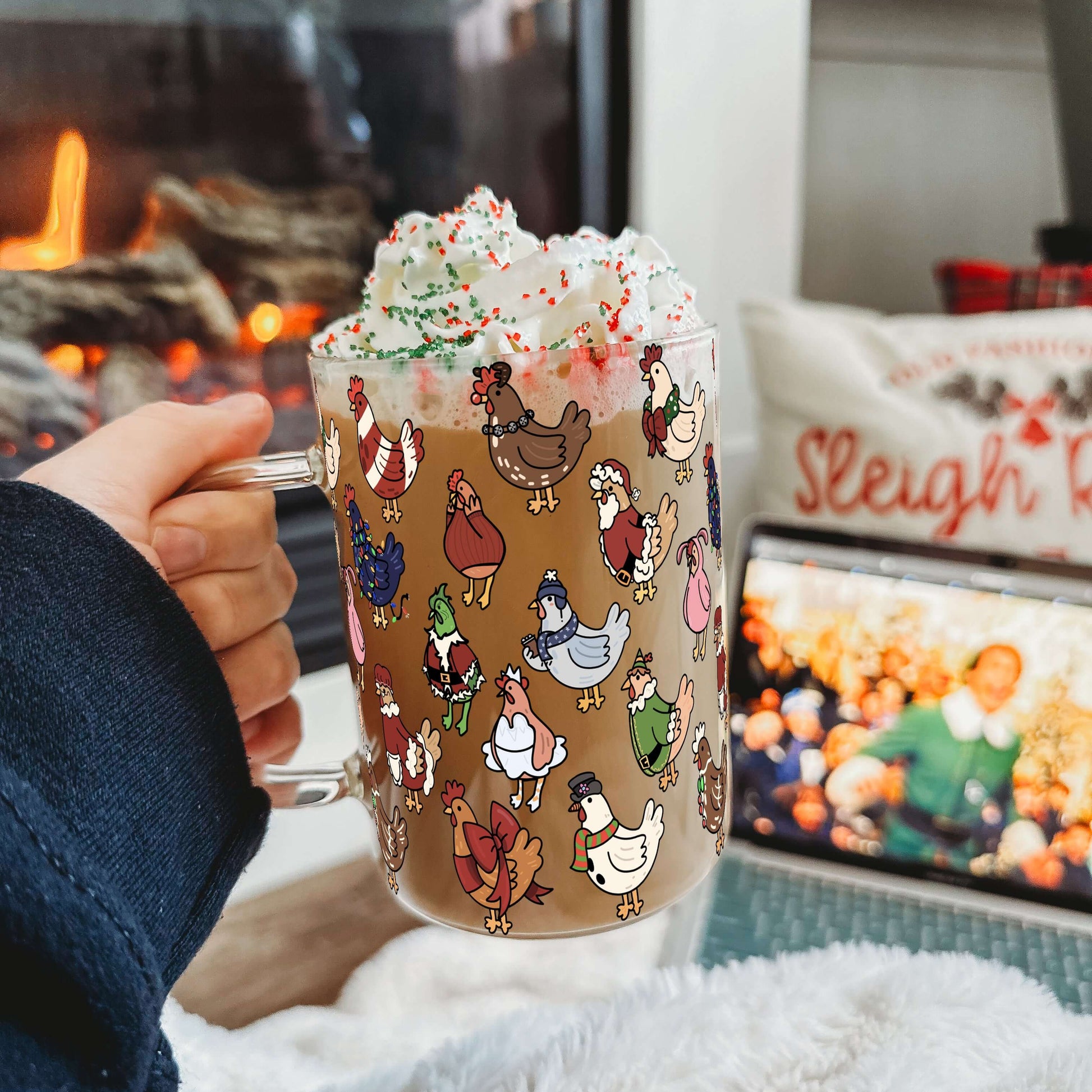 Festive Flock Christmas 17oz Glass Mug with Lid & Straw | Sip Sip Hooray