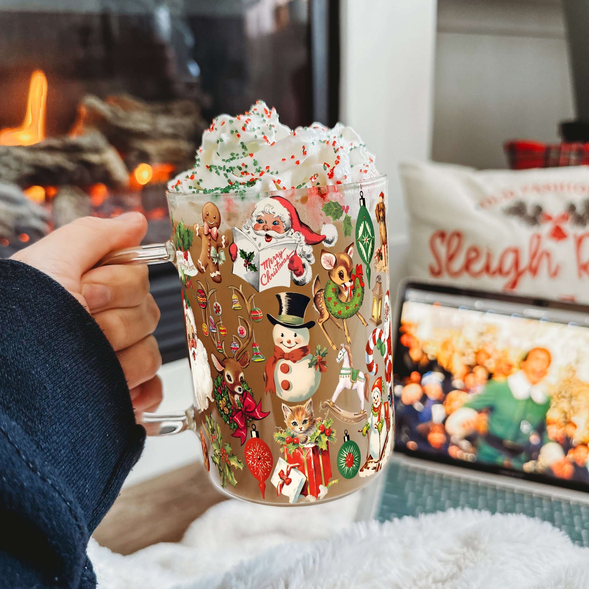 Nostalgic Christmas 17oz Glass Mug with Lid & Straw | Sip Sip Hooray