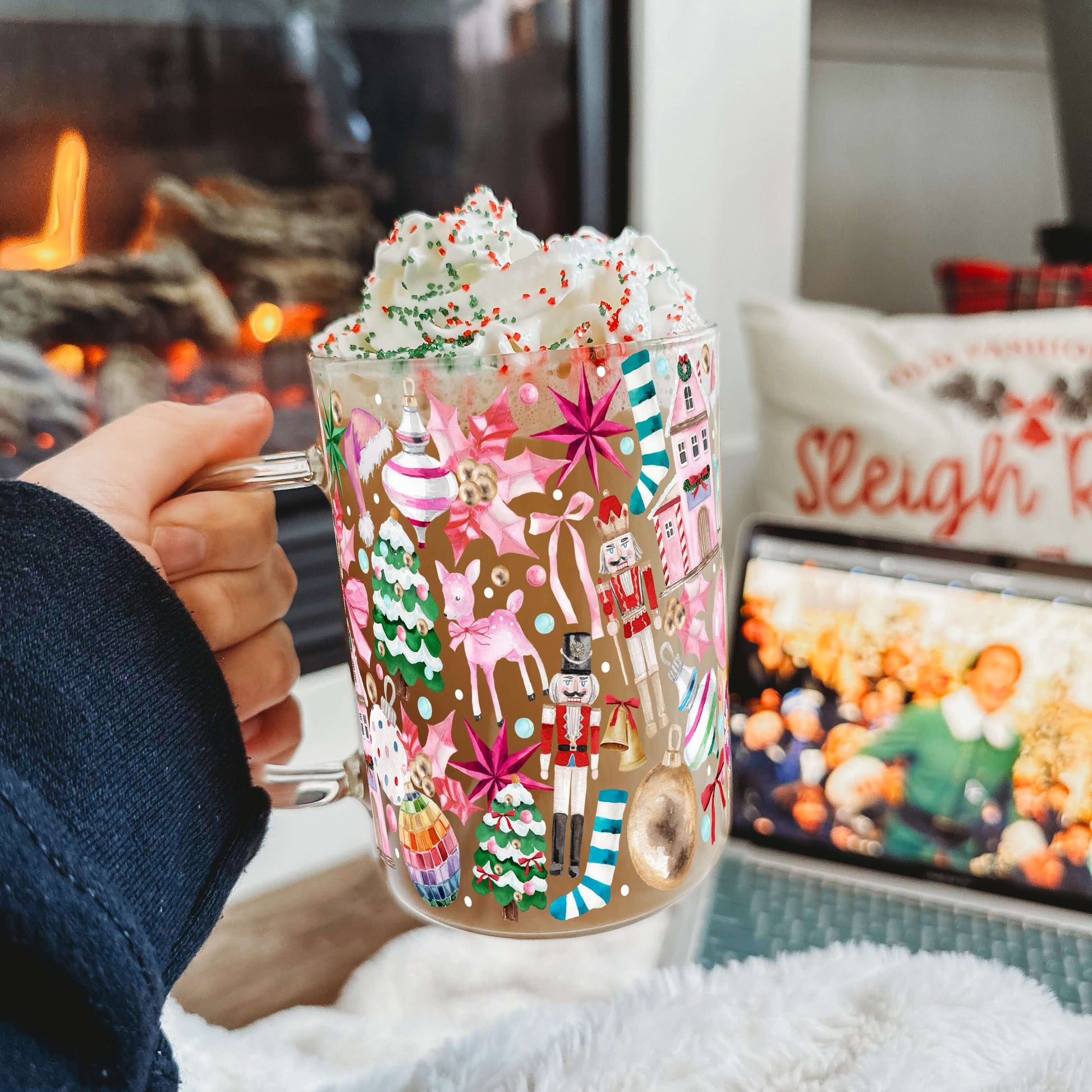 Whimsical Christmas 17oz Glass Mug with Lid & Straw Holiday Coffee Cup | Sip Sip Hooray