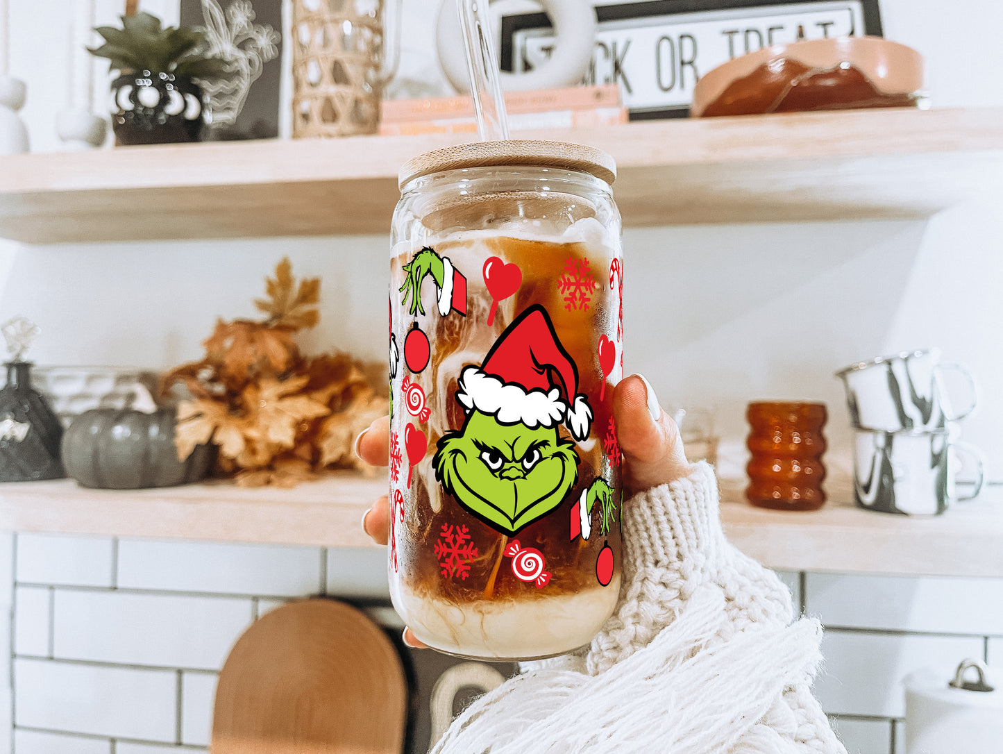 16oz Candy Grinch Inspired Glass Can Cup with Lid and Straw