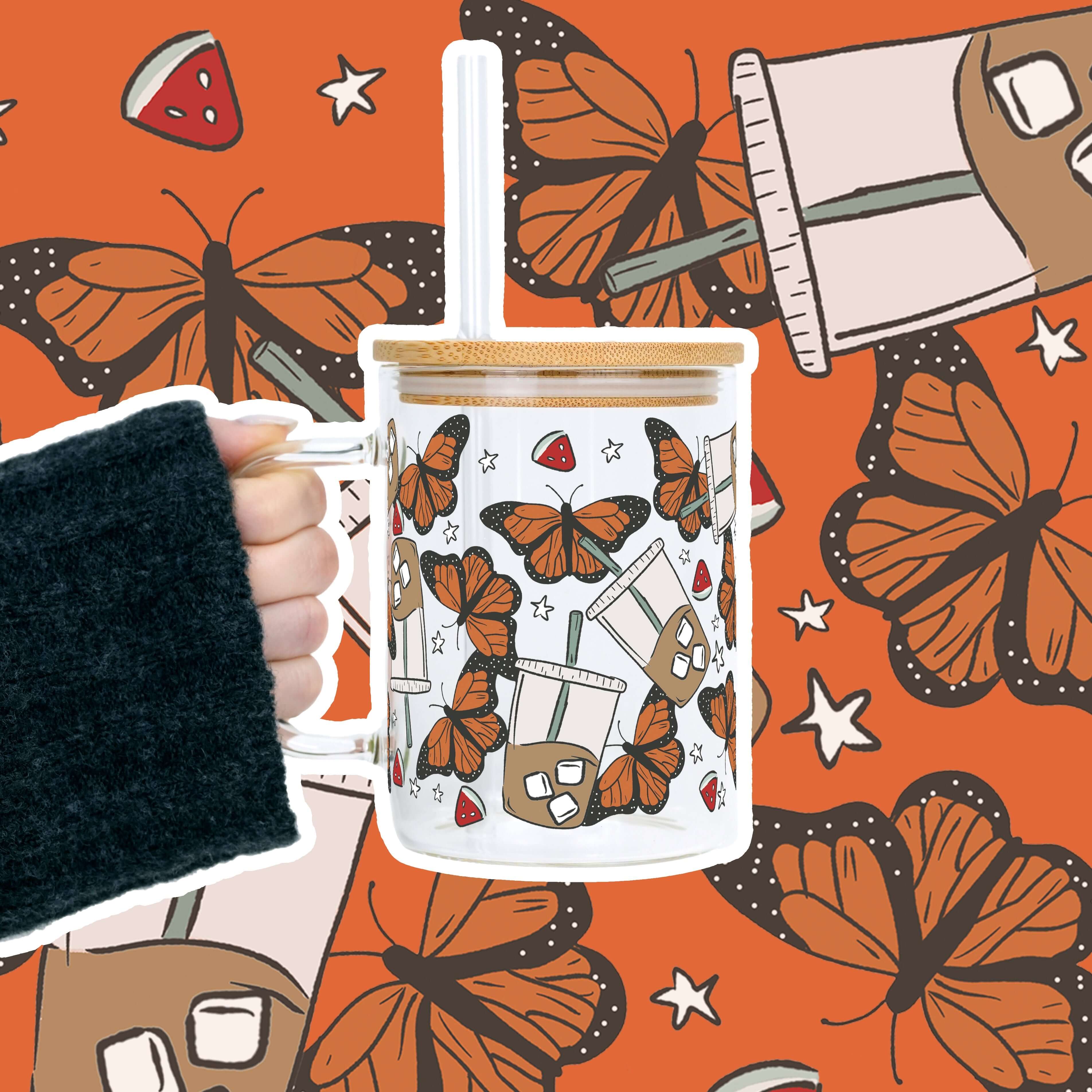 Iced Coffee & Butterflies 17oz Glass Mug With Lid and Straw