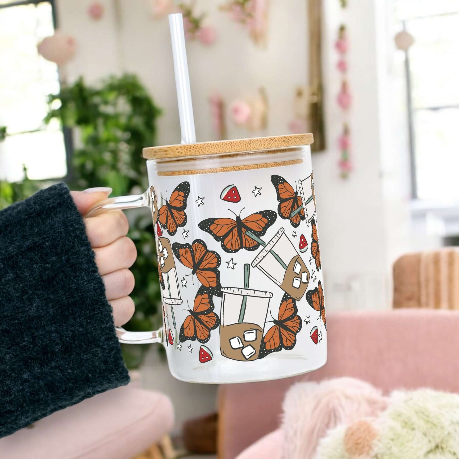 Iced Coffee & Butterflies 17oz Glass Mug With Lid and Straw from Sip Sip Hooray – Mugs
