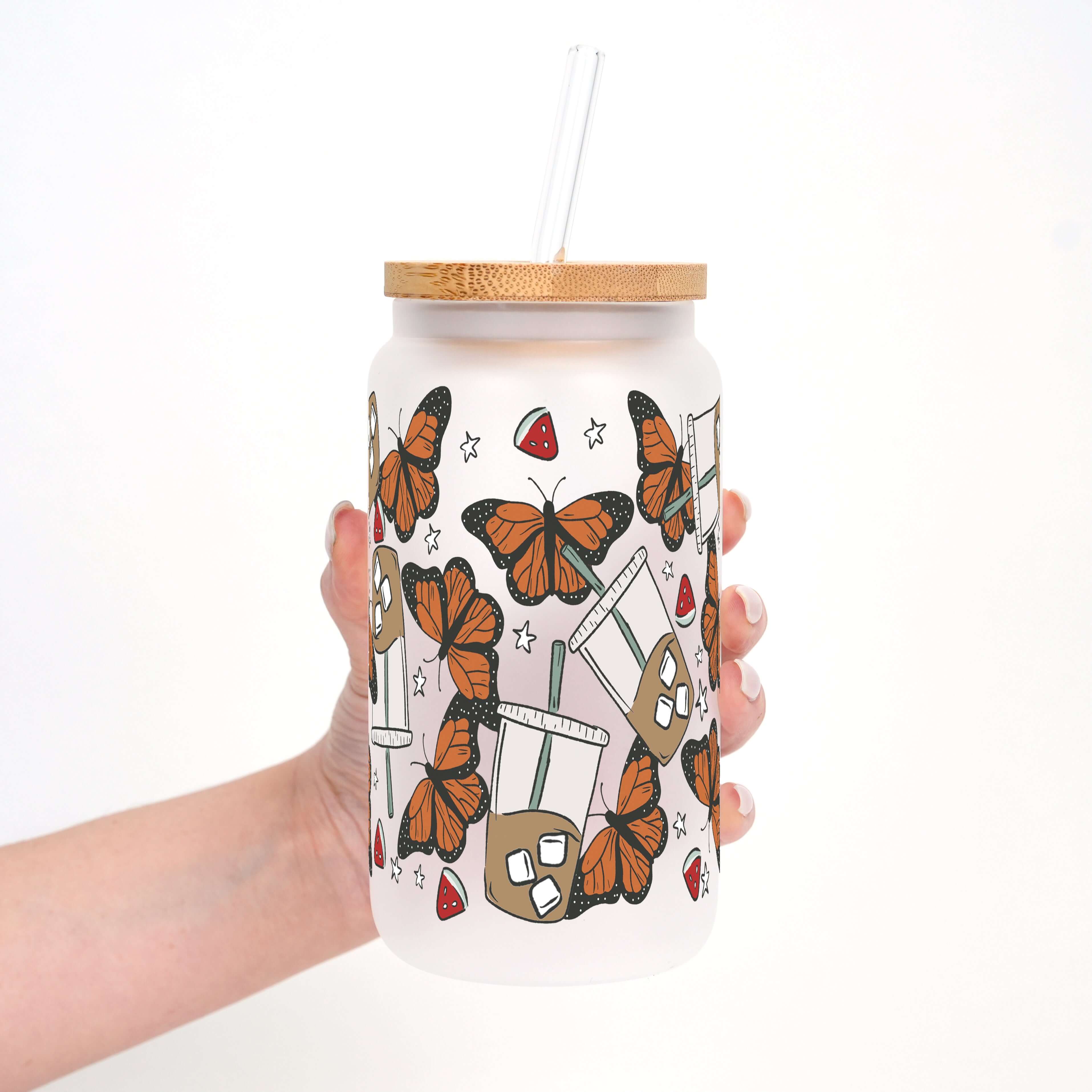 Iced Coffee & Butterflies Cup with Lid and Straw