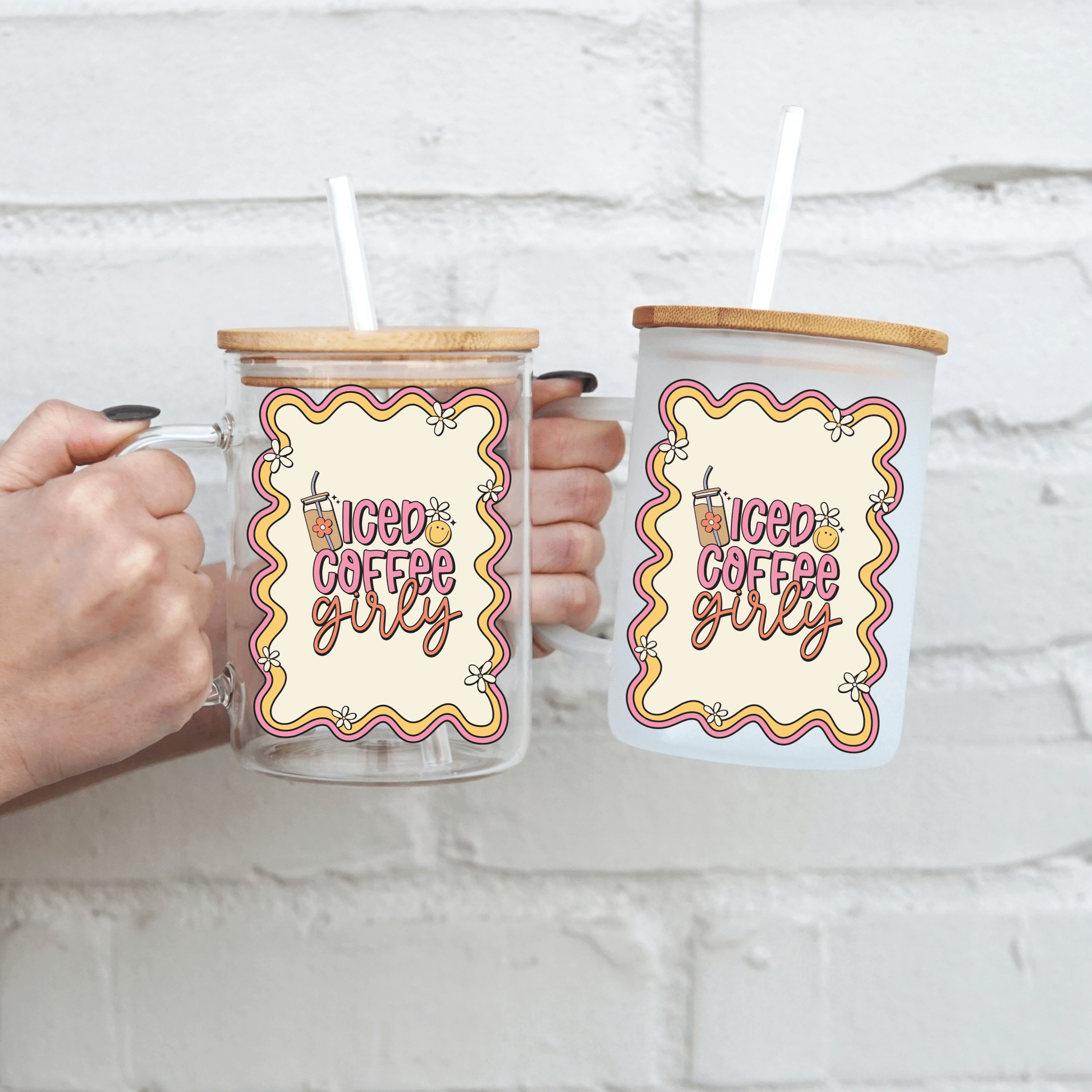Iced Coffee Girly 17oz Glass Mug With Lid and Straw from Sip Sip Hooray – Drinkware
