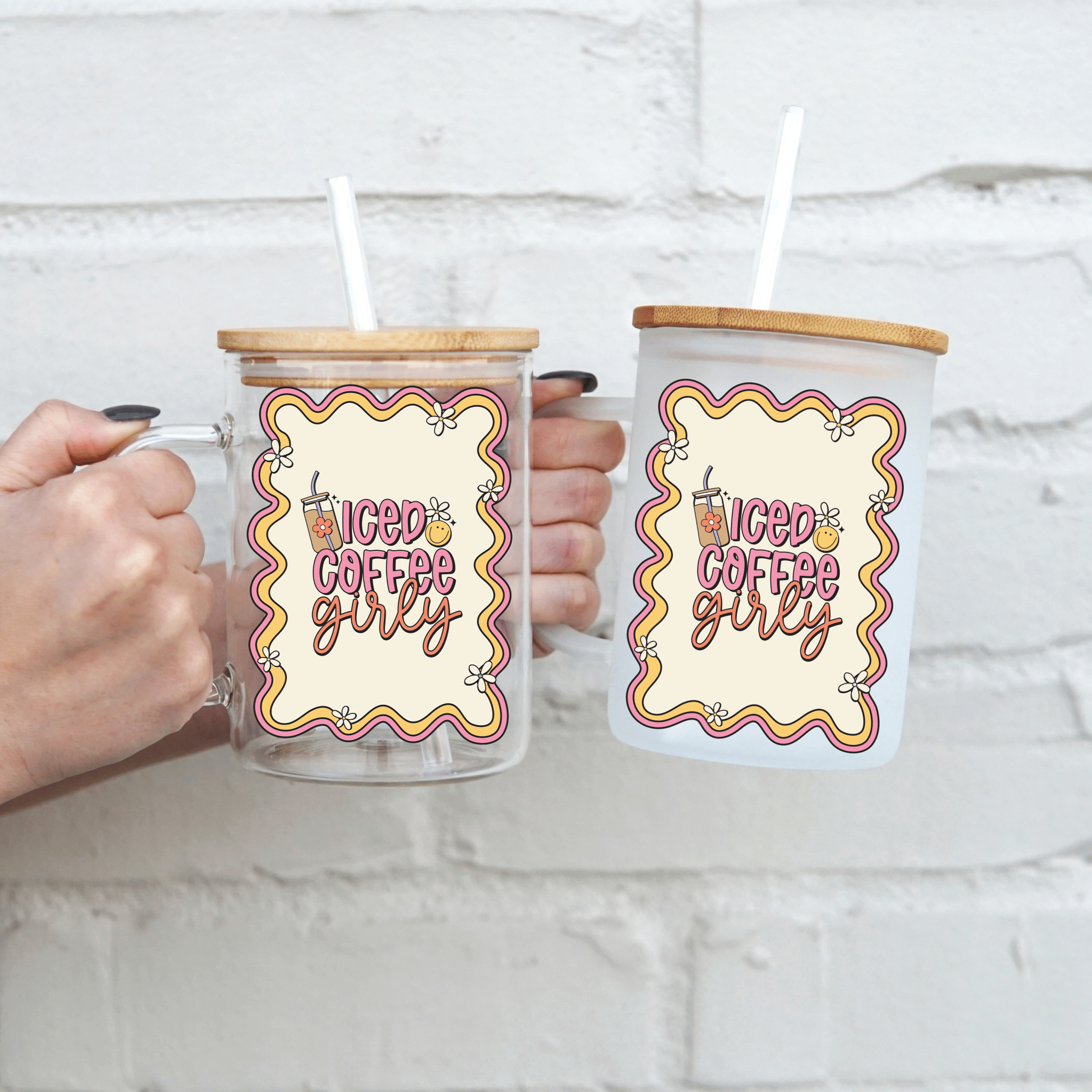 Iced Coffee Girly 17oz Glass Mug With Lid and Straw