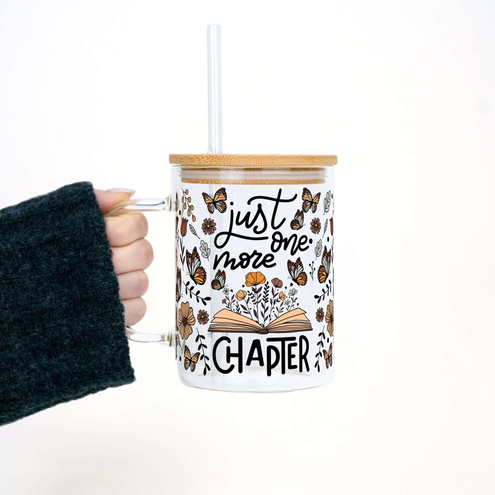 Just One More Chapter 17oz Glass Mug With Lid and Straw