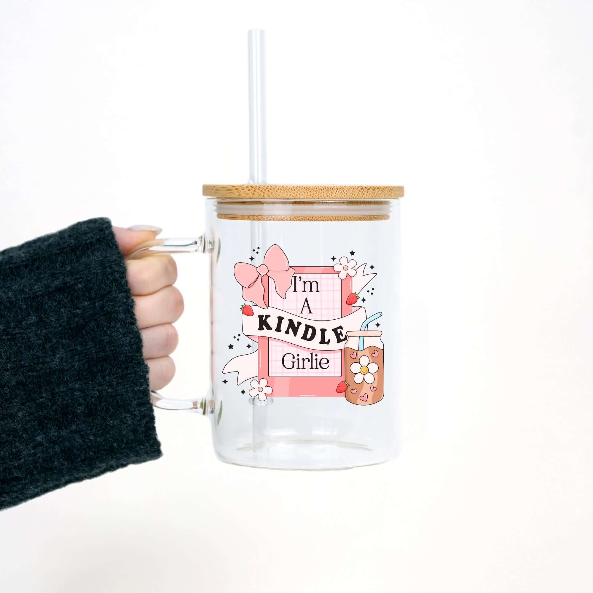 Kindle Girl 17oz Glass Mug  With Lid and Straw
