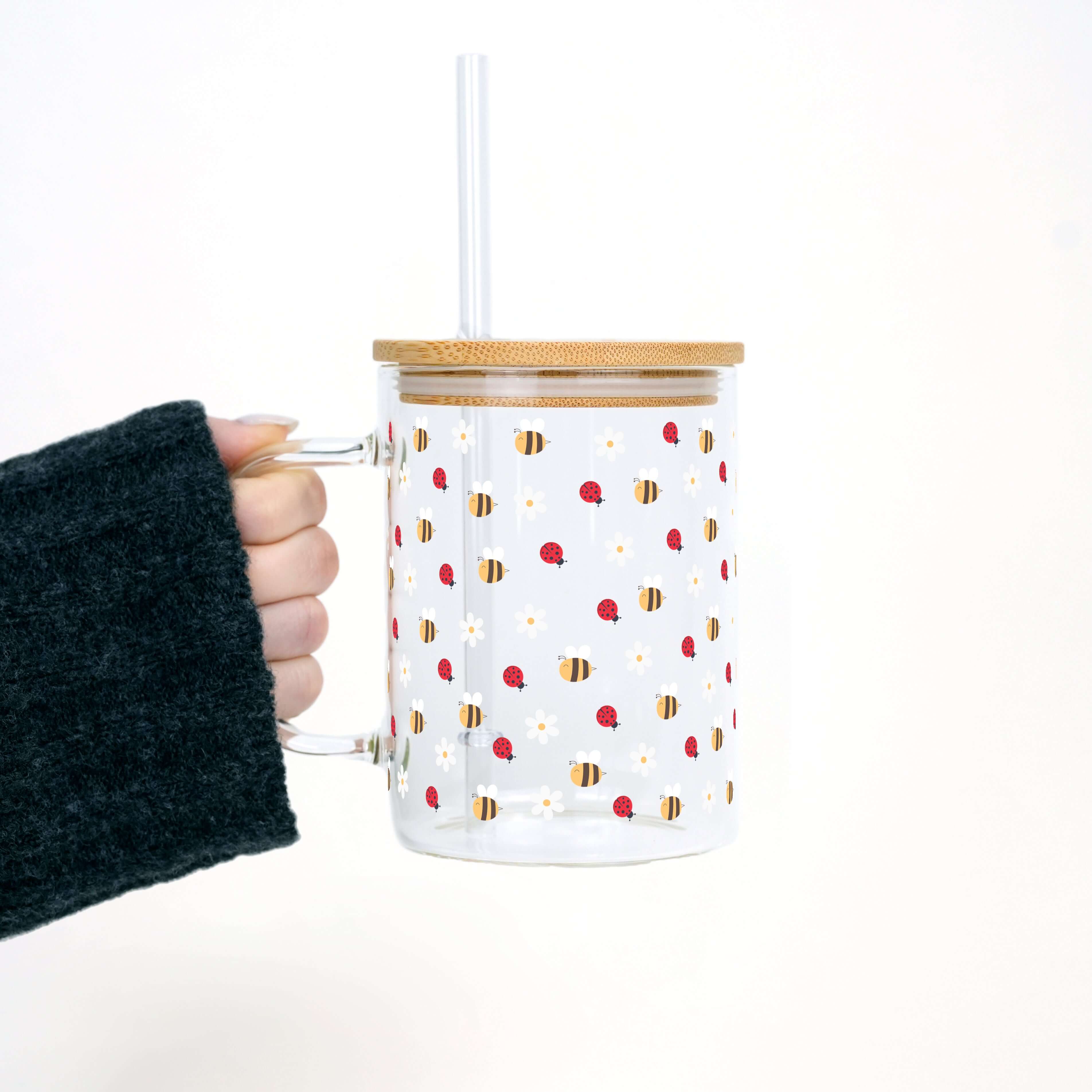 Mini Bee & Ladybug 17oz Glass Mug With Lid and Straw
