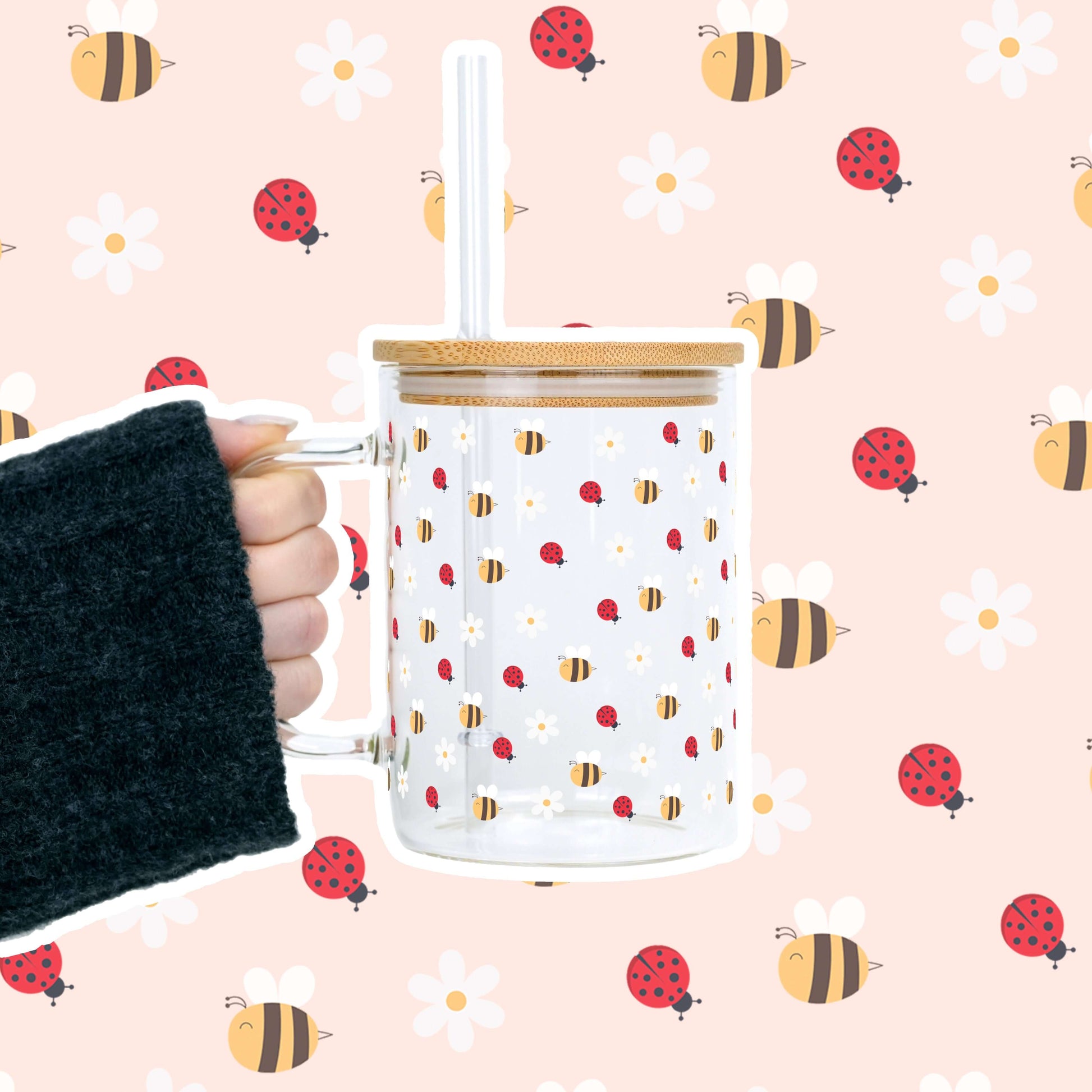 Mini Bee & Ladybug 17oz Glass Mug With Lid and Straw from Sip Sip Hooray – Mugs