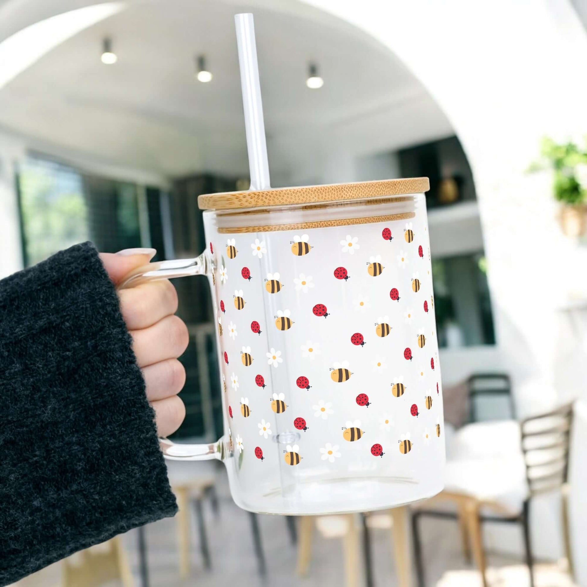 Mini Bee & Ladybug 17oz Glass Mug With Lid and Straw from Sip Sip Hooray – Mugs