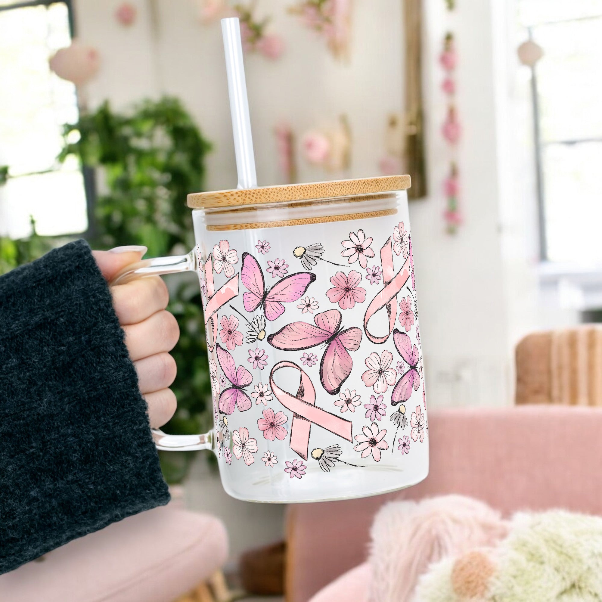 Pink Ribbon Glass Mug With Lid and Straw