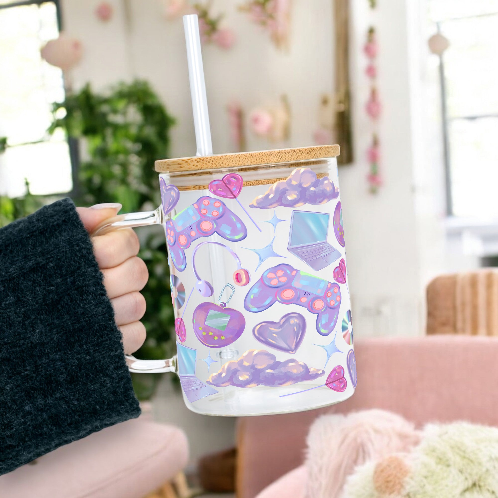 Y2K GAMER Clear Glass Mug With Lid & Straw