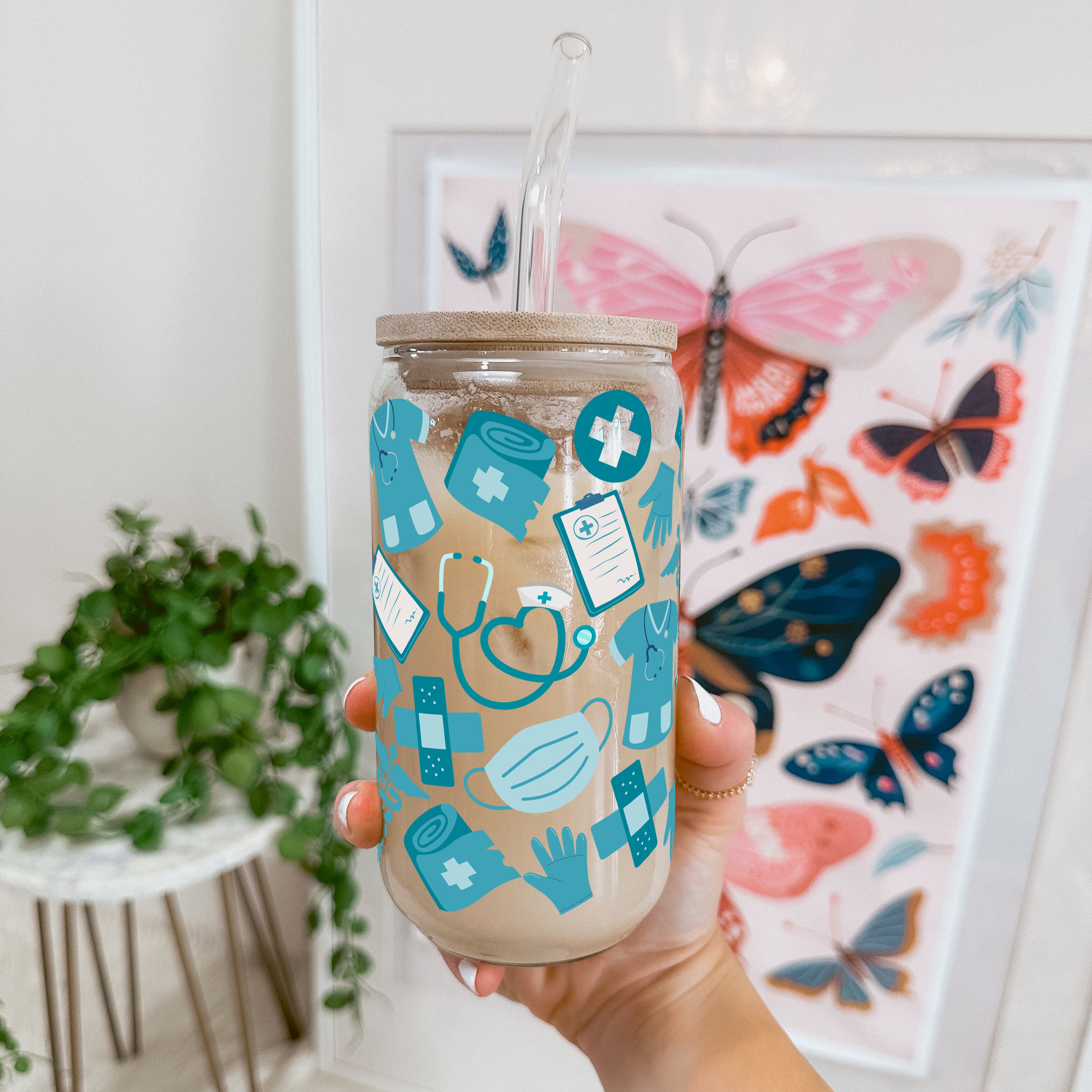 Blue Medical Glass Cup, Mug & Tumbler with Lid and Straw