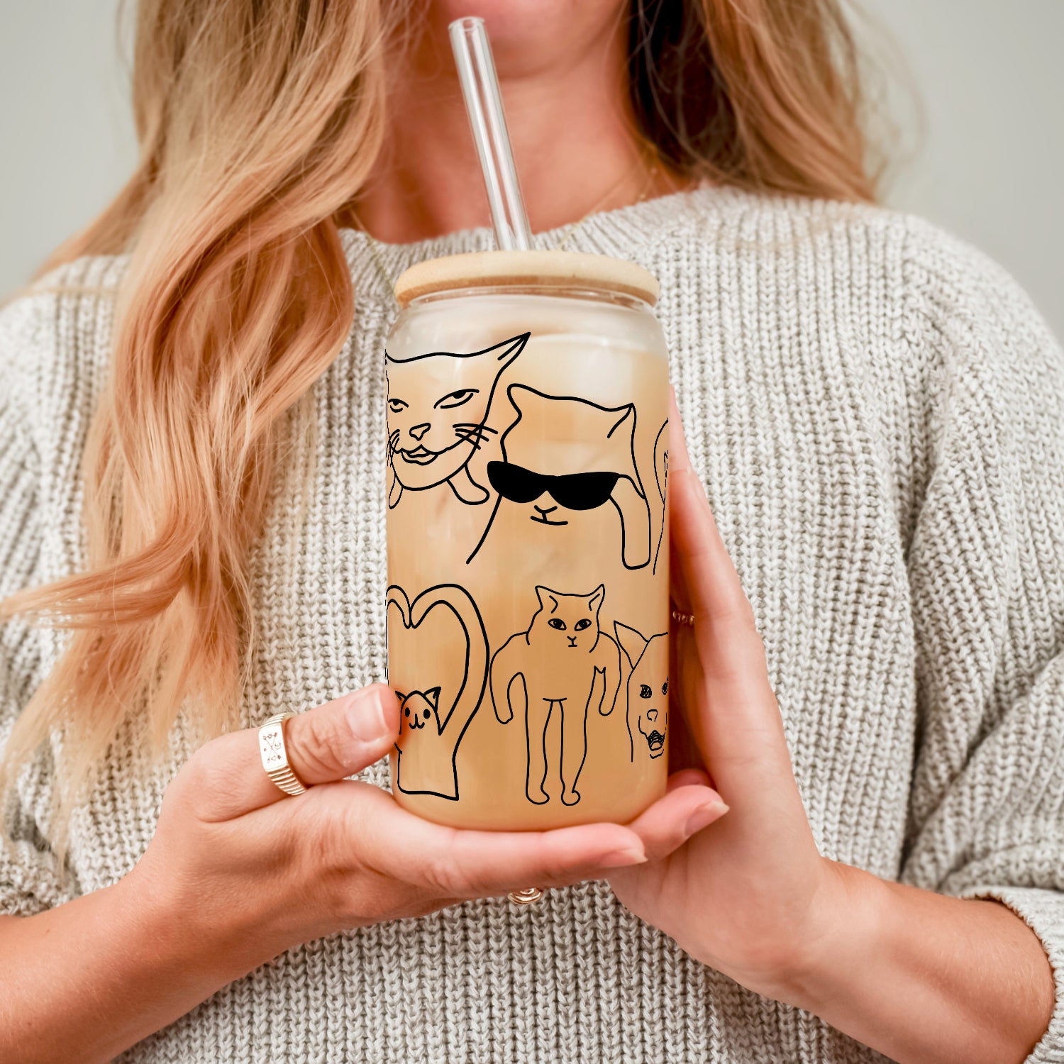 Iconic Meme Cats Glass Cup, Mug & Tumbler with Lid and Straw