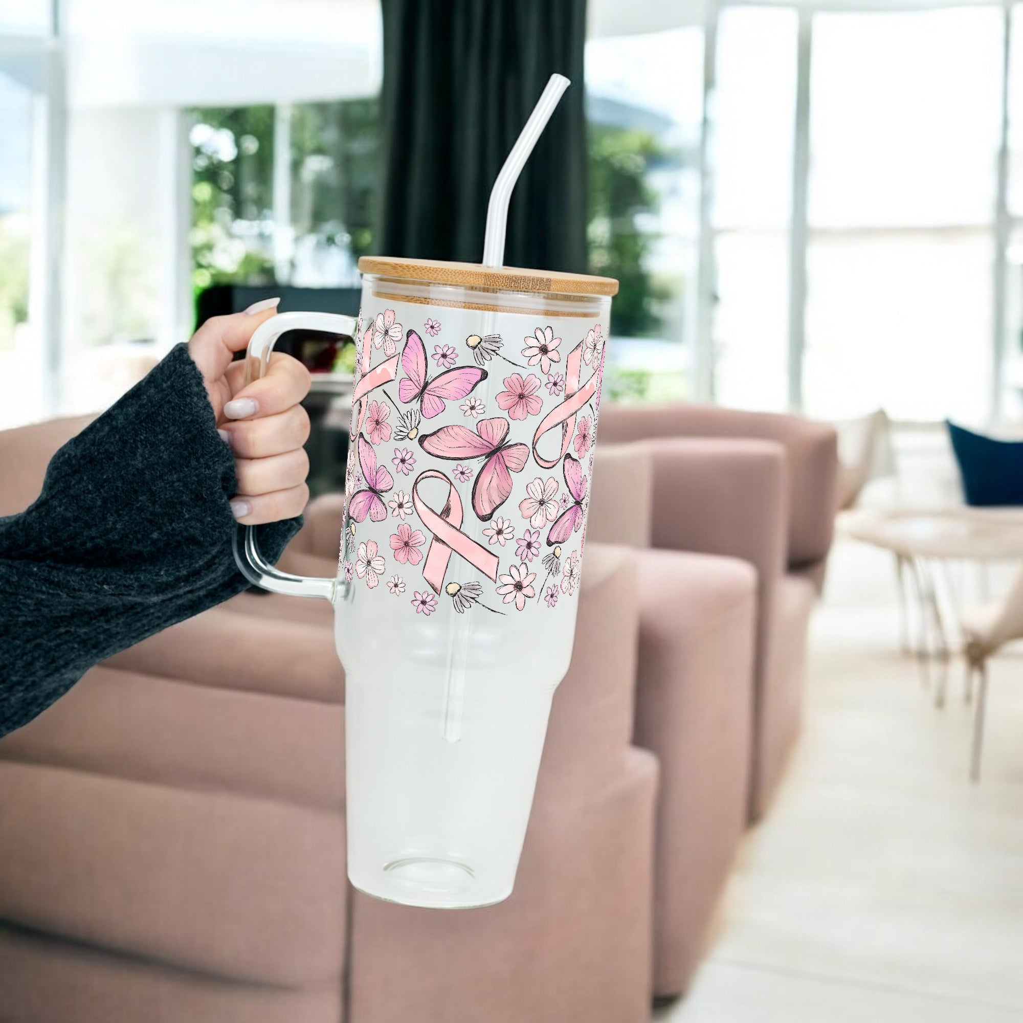 Pink Ribbon Tumbler With Lid and Straw