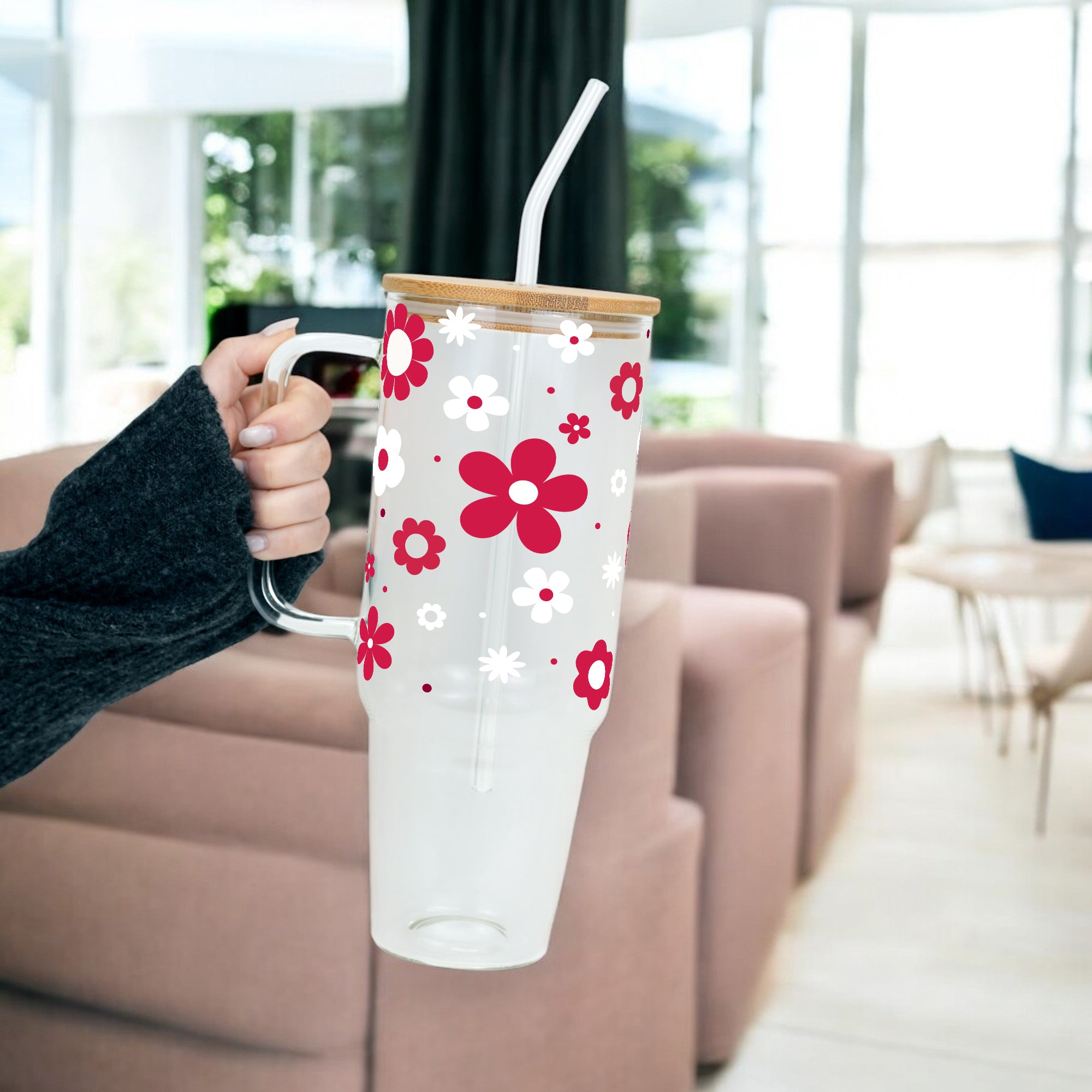 Red Daisy Glass Cup, Mug & Tumbler with Lid and Straw