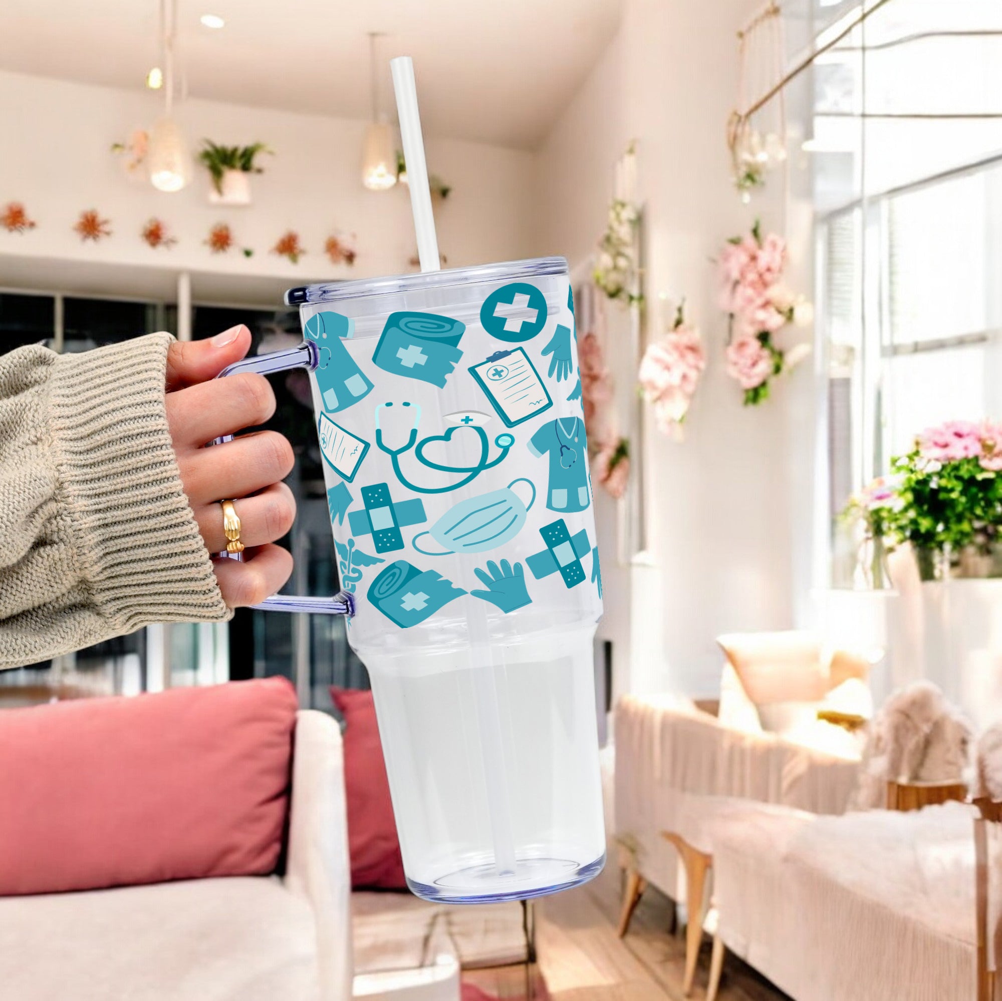 Blue Medical Glass Cup, Mug & Tumbler with Lid and Straw