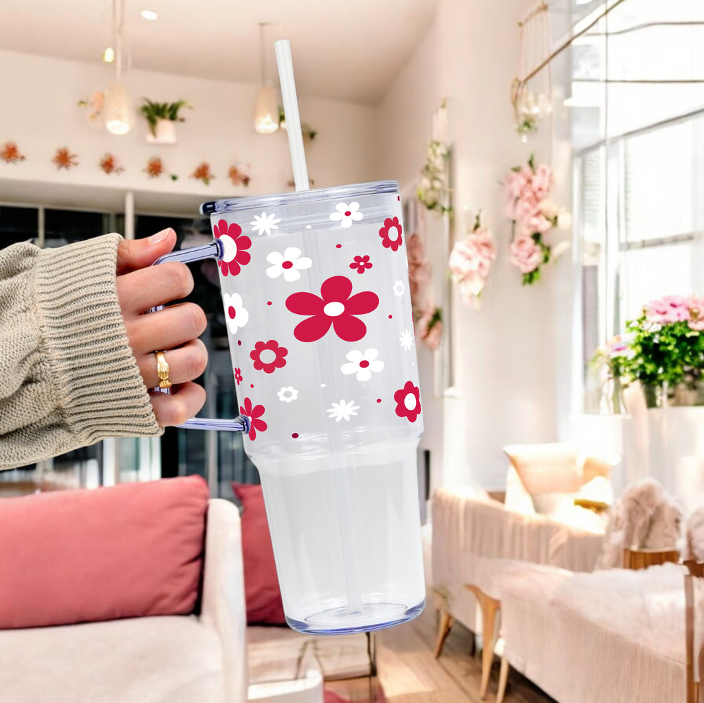 Red Daisy Glass Cup, Mug & Tumbler with Lid and Straw