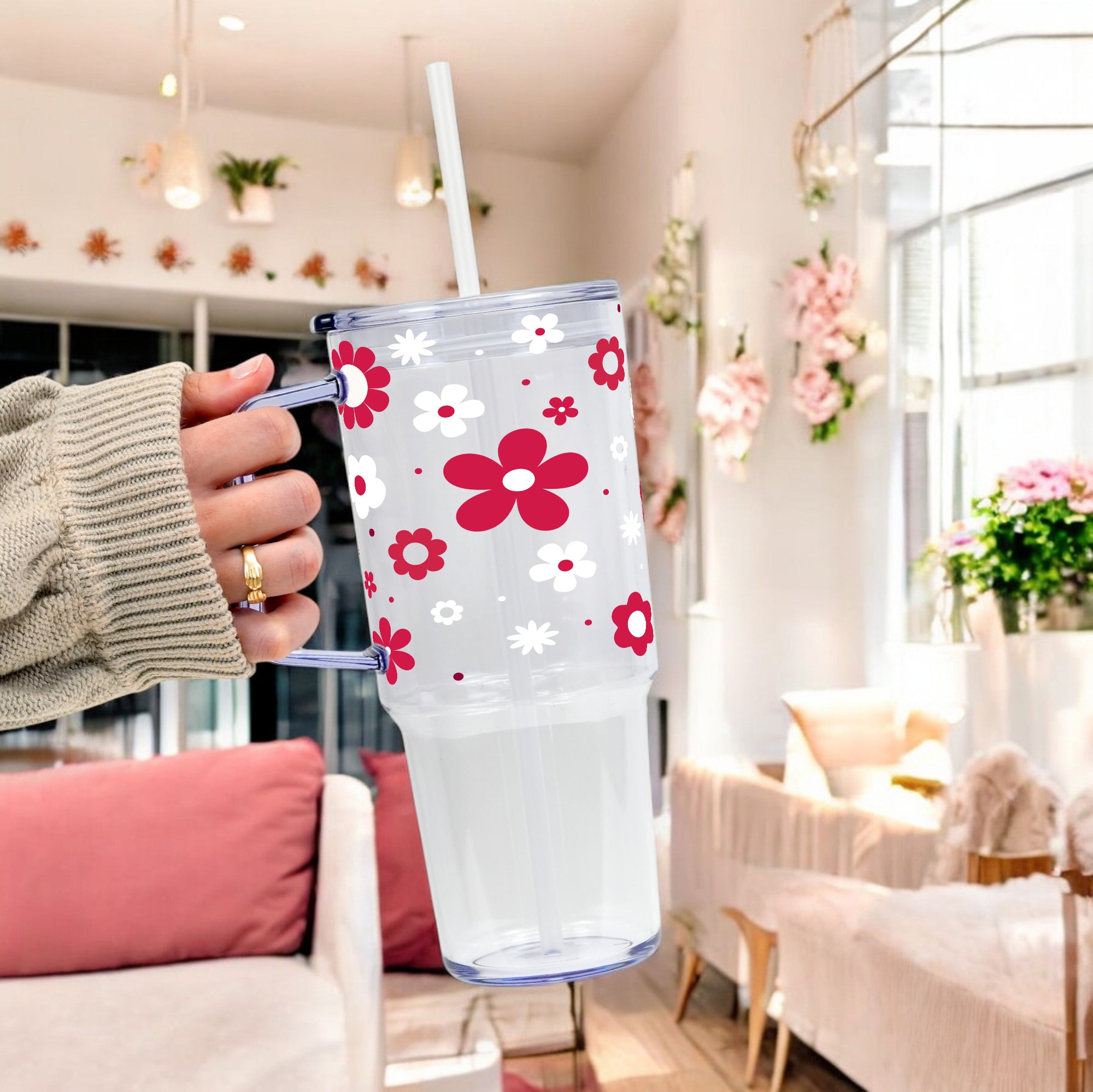 Red Daisy Glass Cup, Mug & Tumbler with Lid and Straw
