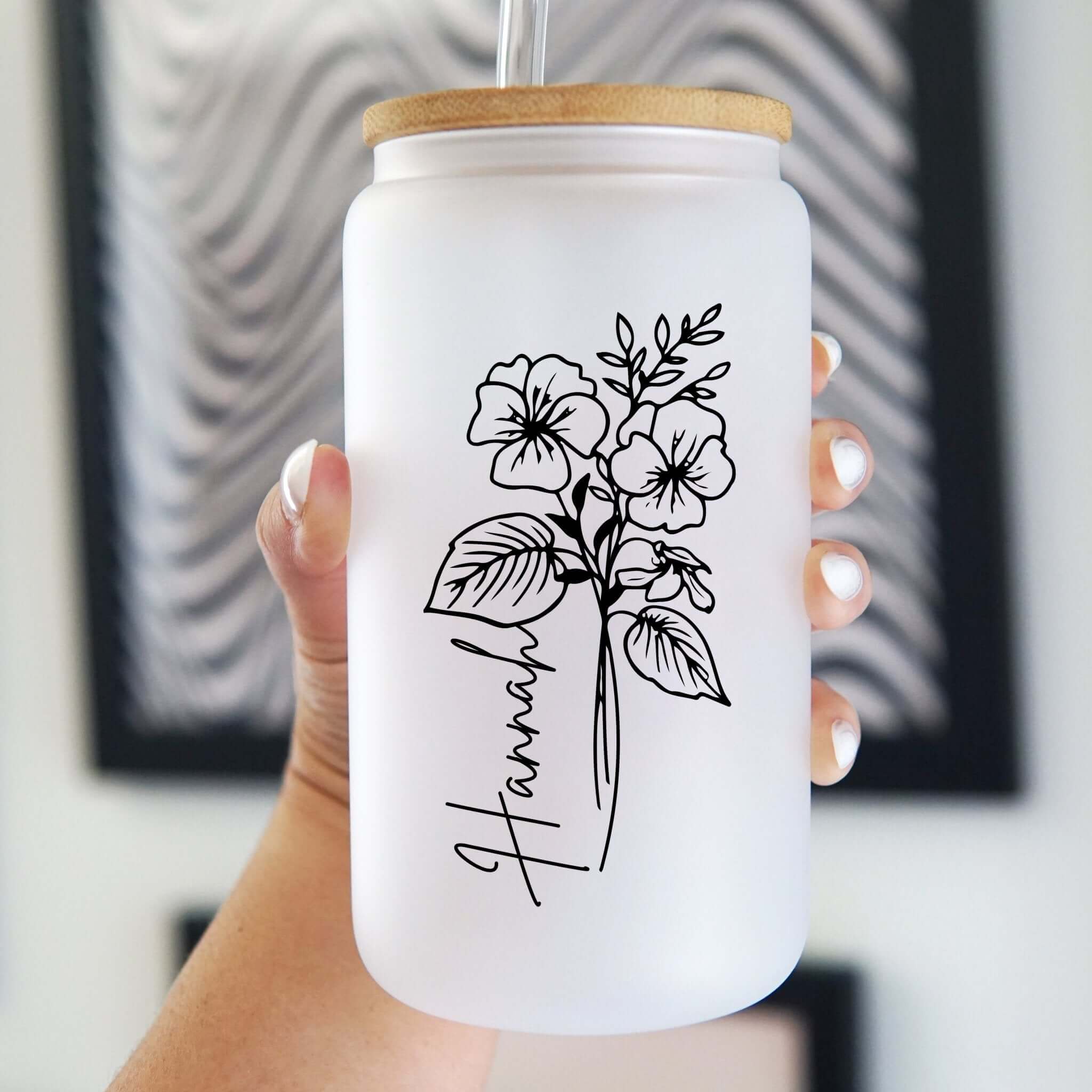 Modern Birth Flower Can Cup with Lid and Straw