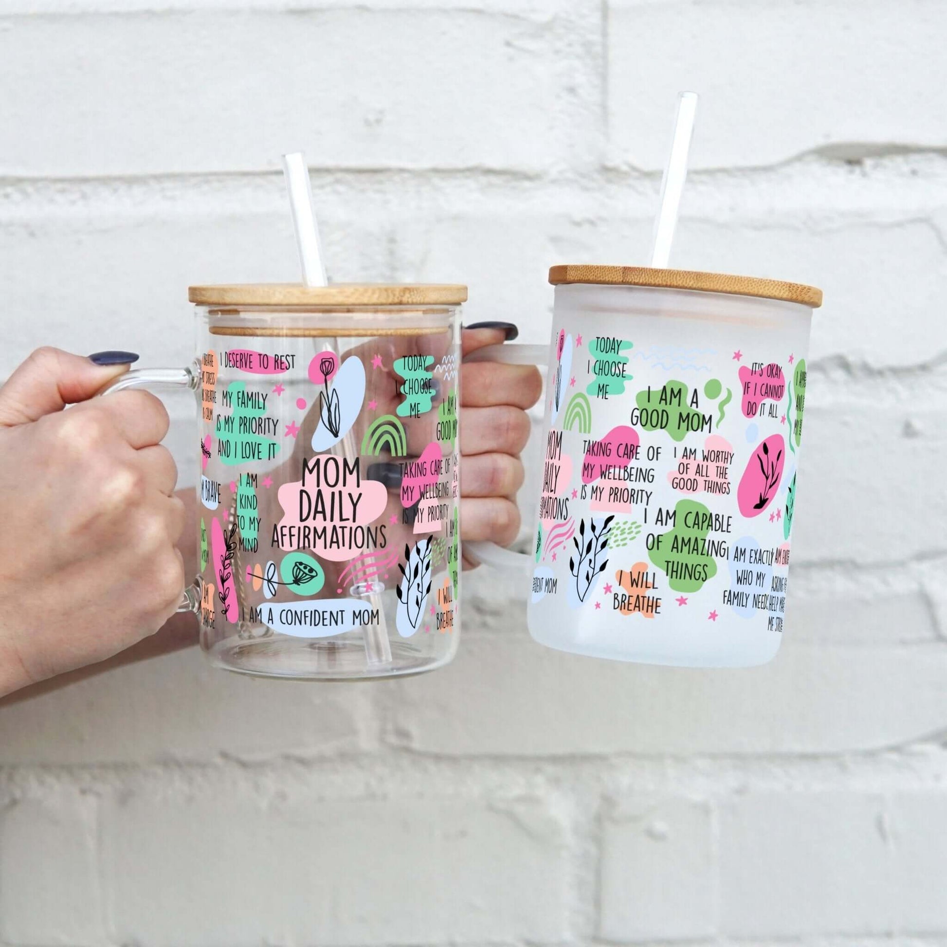 Mom Daily Affirmations 17oz Glass Mug with Lid and Straw from Sip Sip Hooray – Drinkware