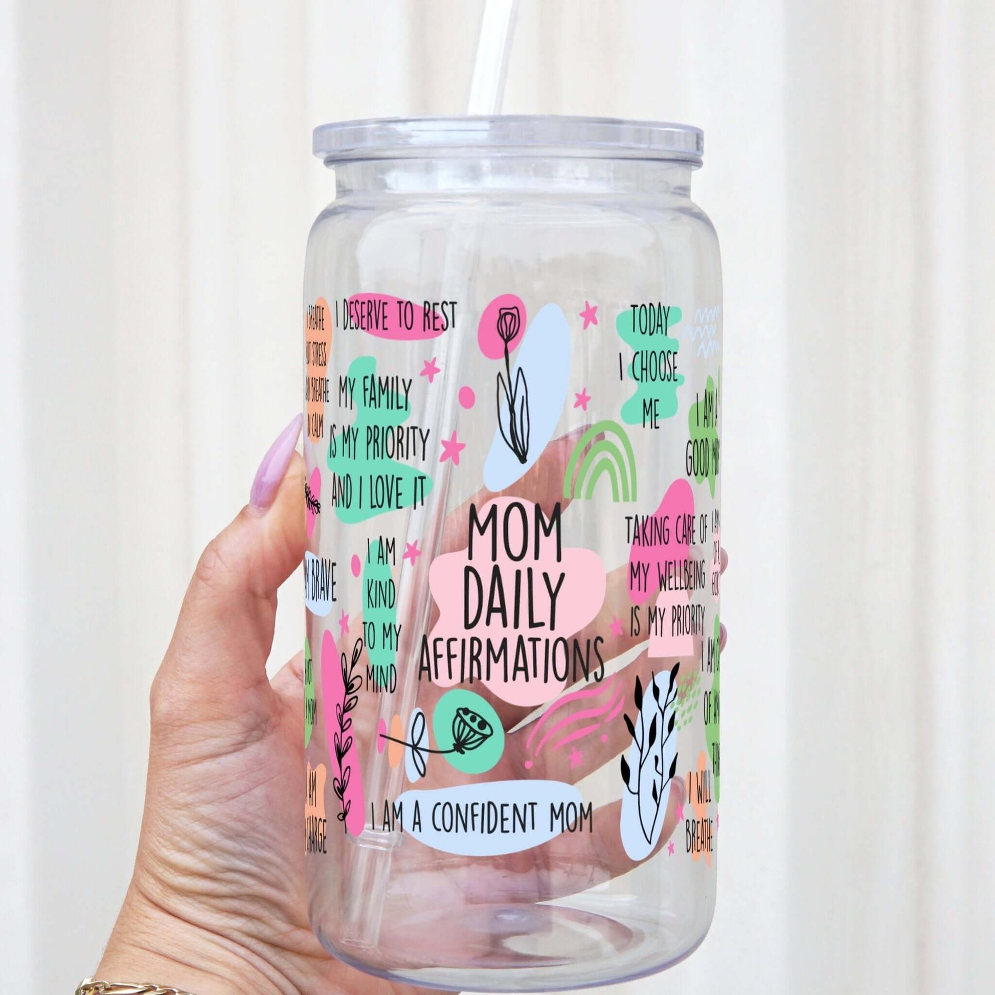 Mom Daily Affirmations Cup with Lid and Straw from Sip Sip Hooray – Drinkware