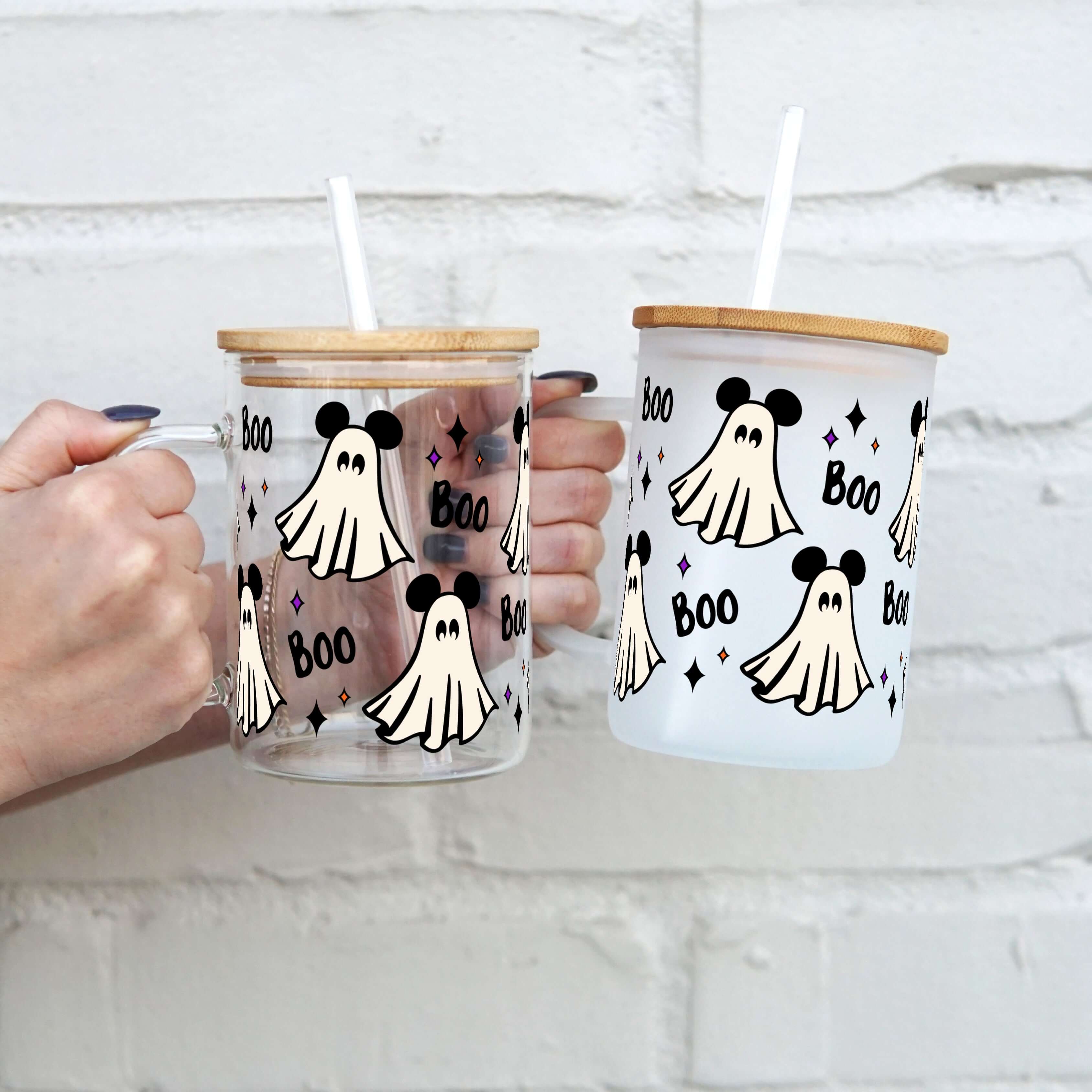Mouse Ghost 17oz Glass Mug With Lid and Straw