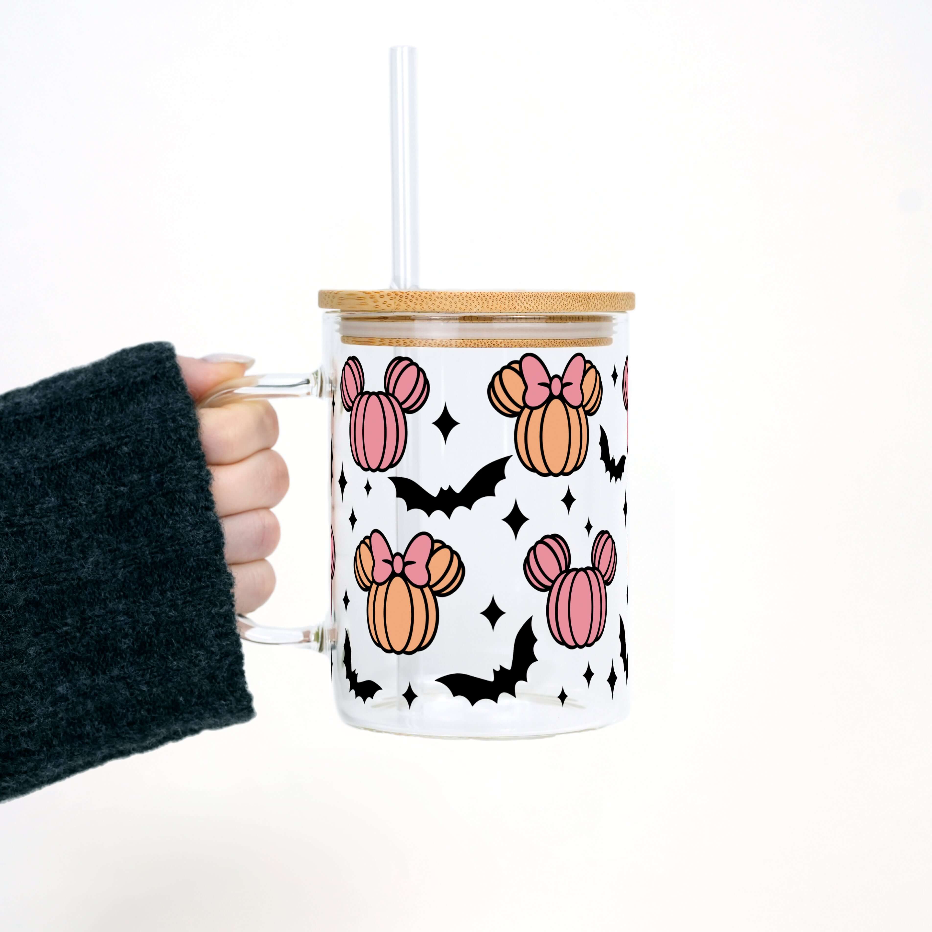 Mouse Halloween Pumpkins 17oz Glass Mug With Lid and Straw