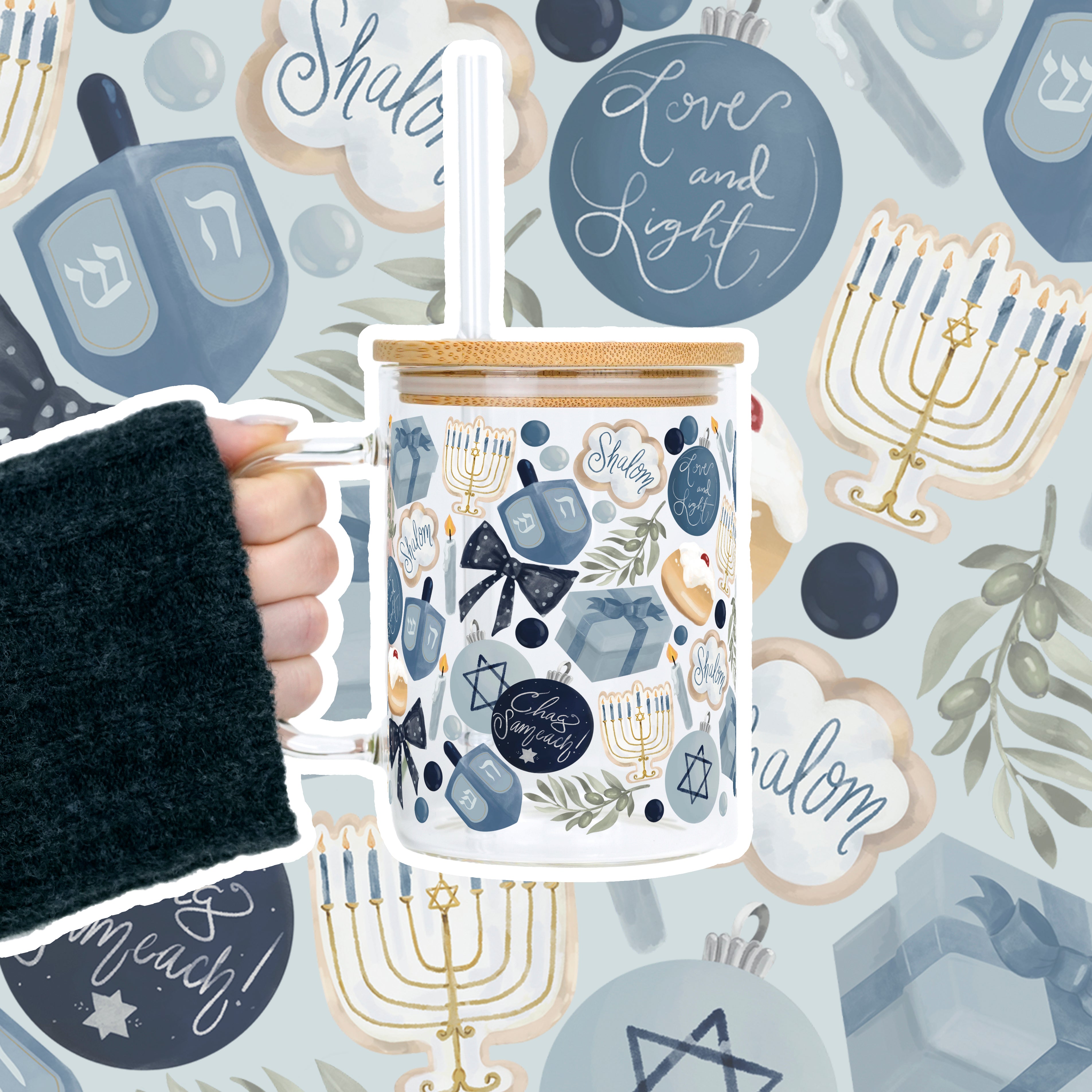 Cozy Hanukkah Glass Mug With Lid and Straw