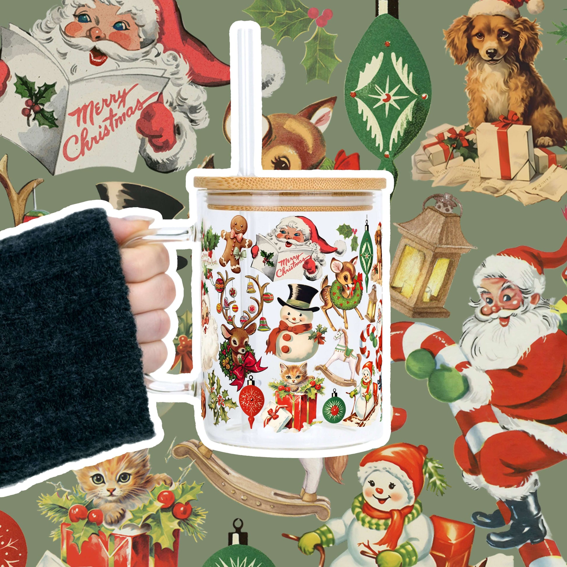 Nostalgic Christmas 17oz Glass Mug with Lid & Straw | Sip Sip Hooray