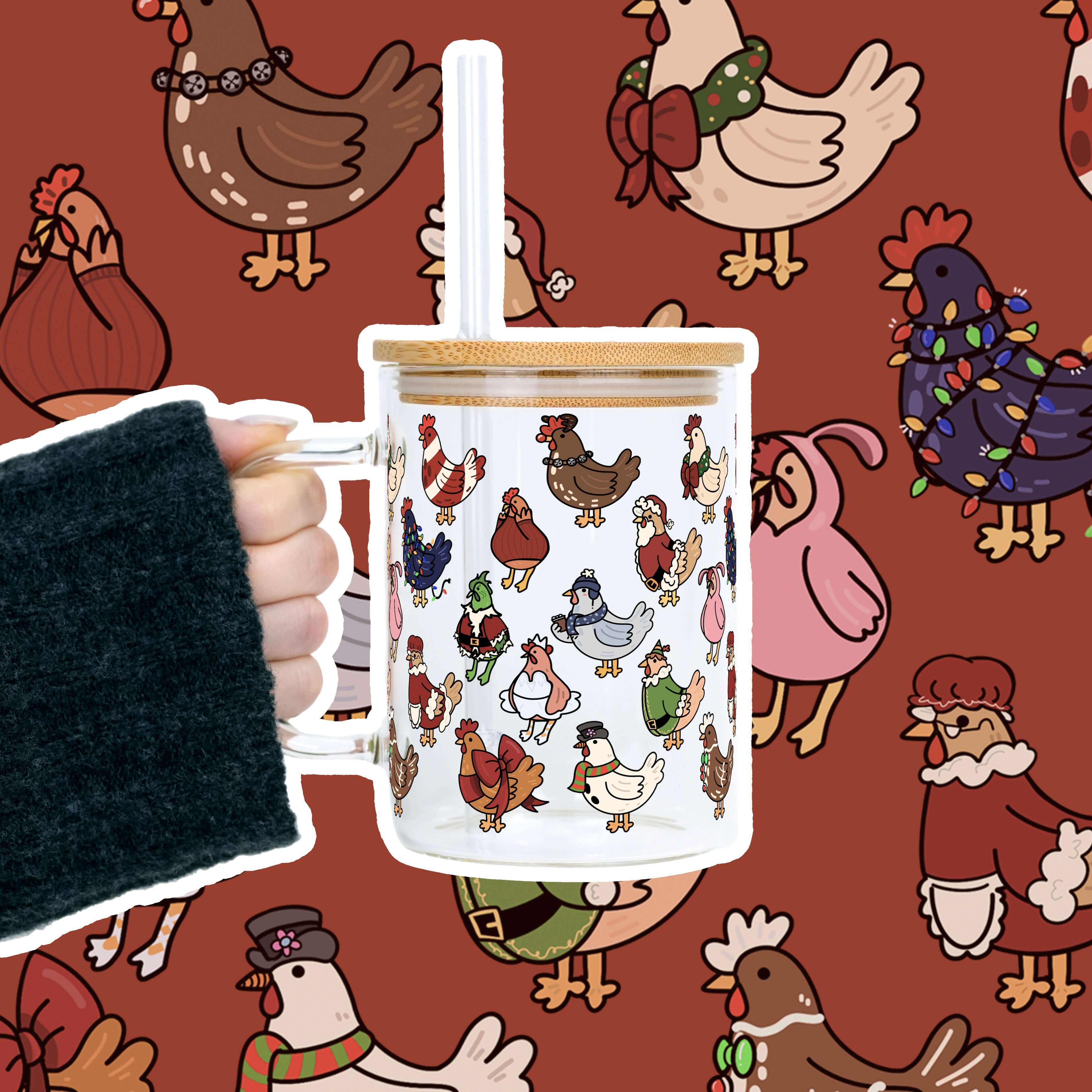 Festive Flock Christmas Clear Glass Mug with Lid & Straw