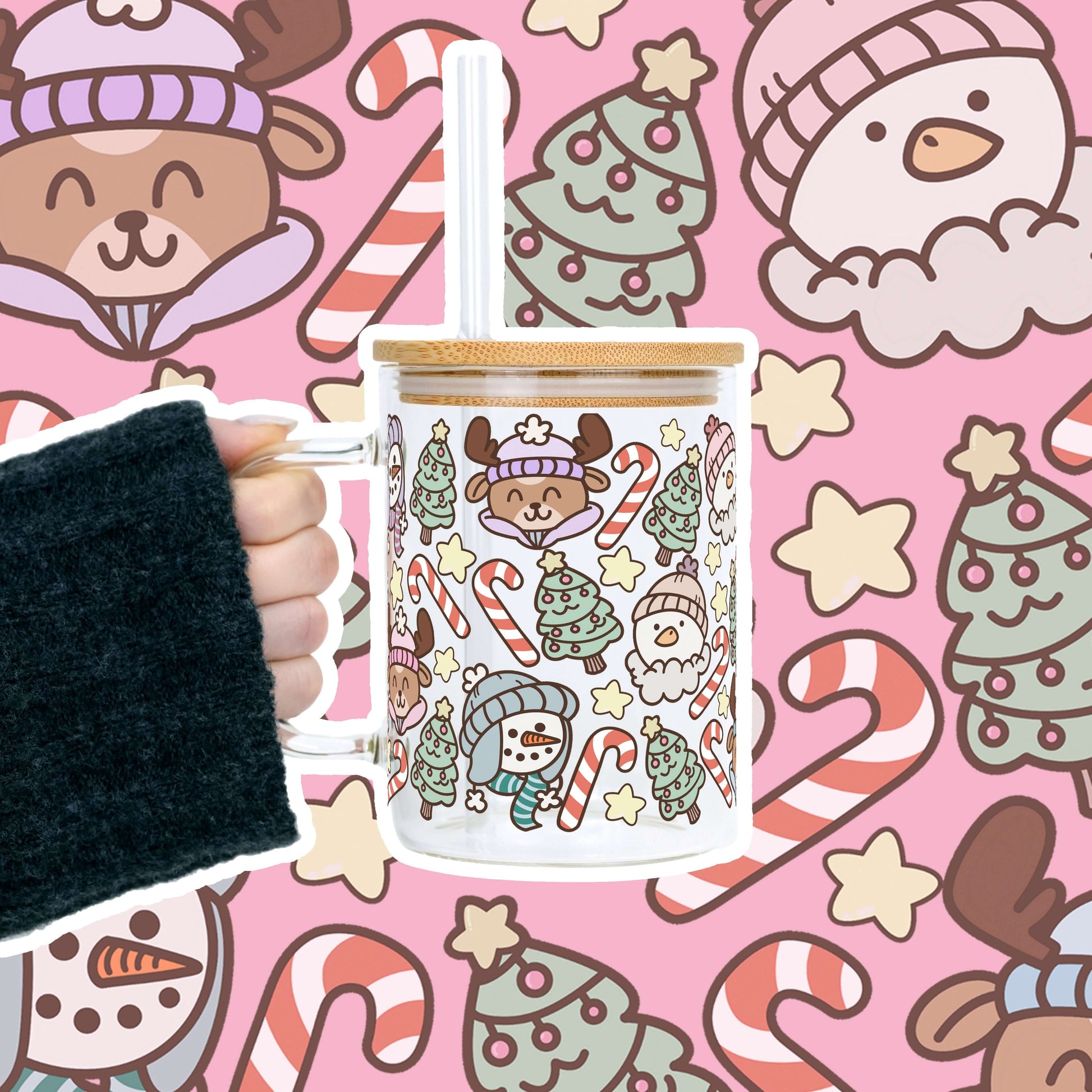 Christmas Cuties 17oz Glass Mug with Lid & Straw | Sip Sip Hooray