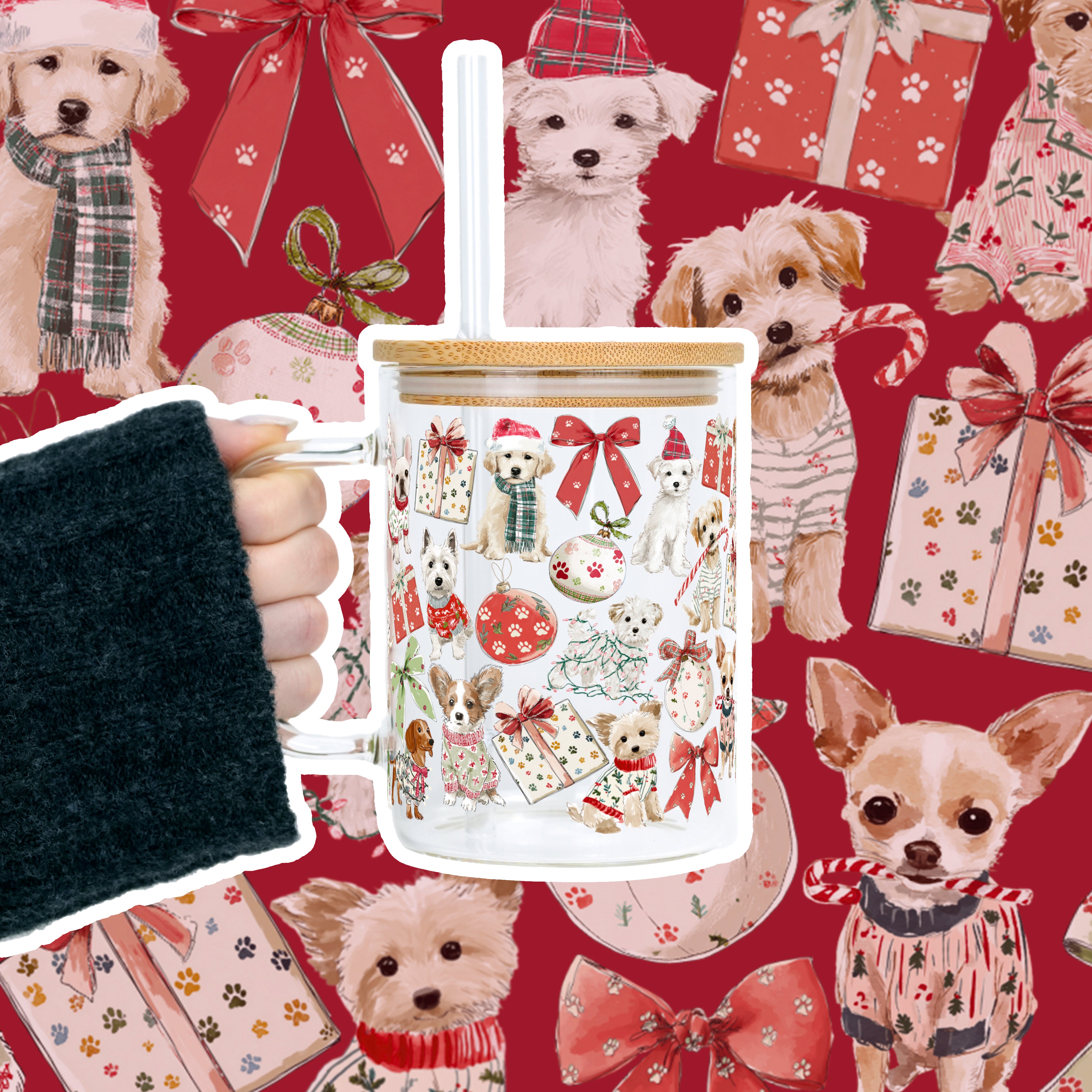 Holiday Pups Clear Glass Mug With Lid And Straw