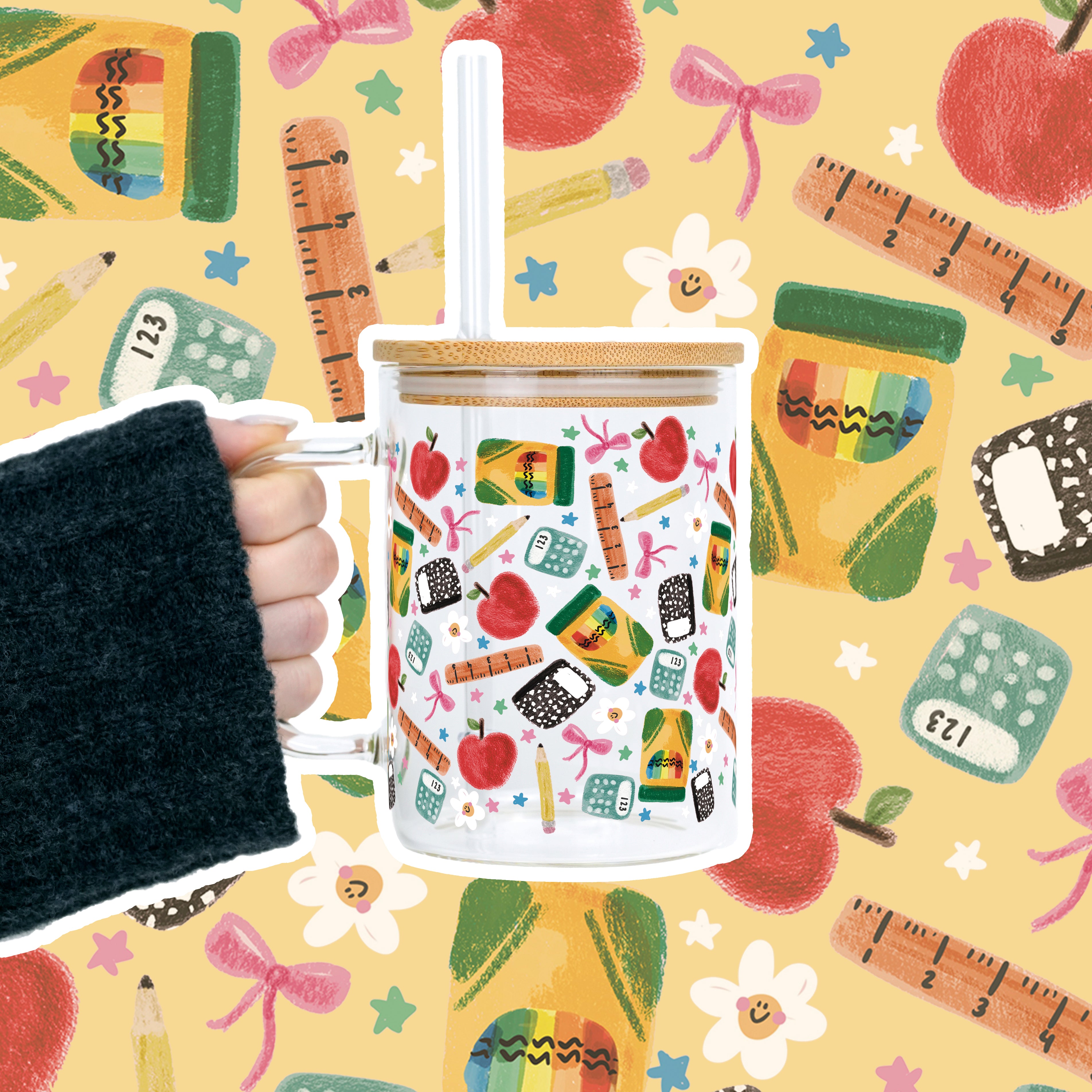 Teacher Essentials Pattern Mug With Lid And Straw