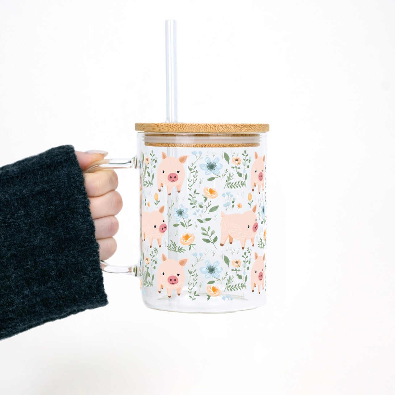 Piggy Floral 17oz Mug With Lid and Straw