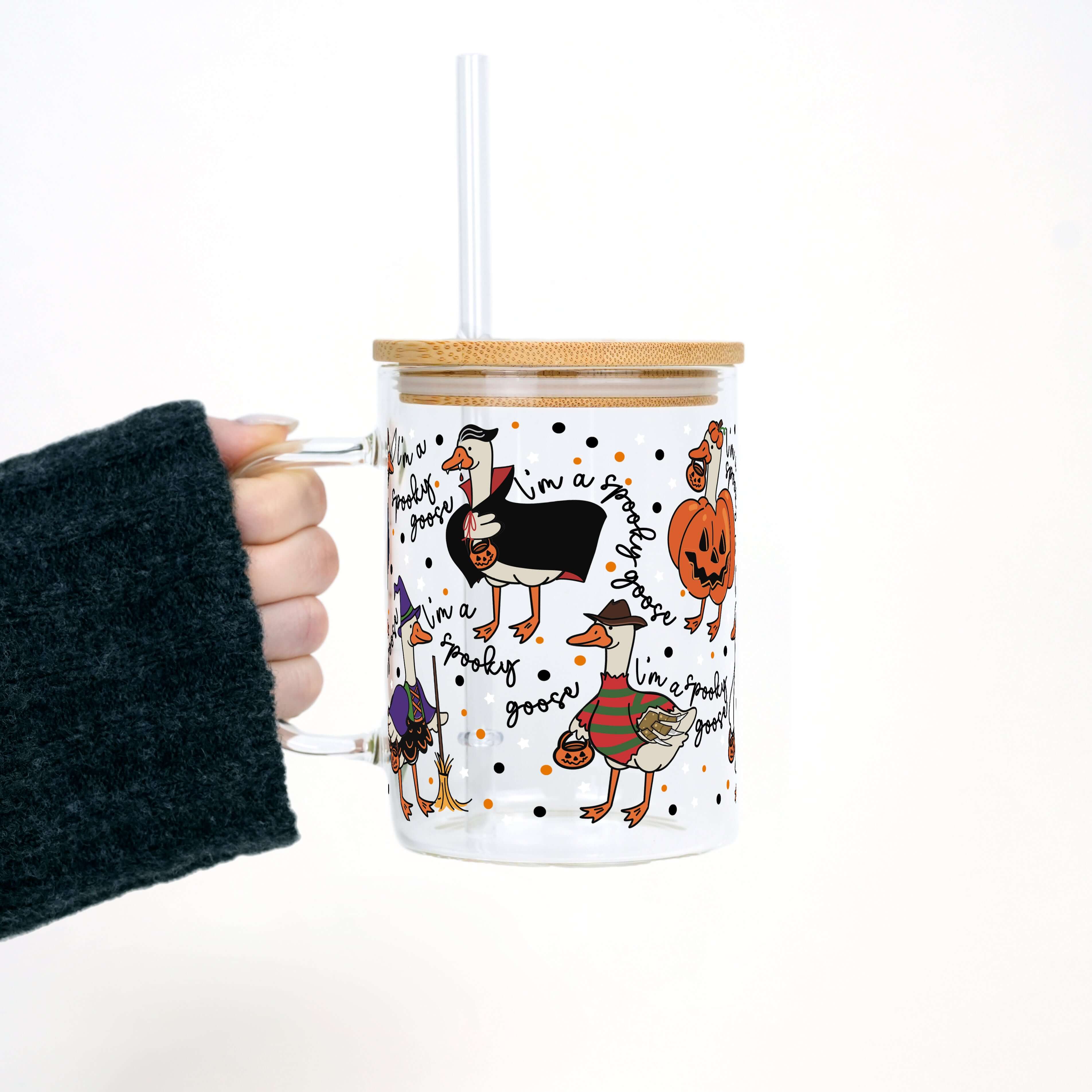 Spooky Goose 17oz Glass Mug With Lid and Straw