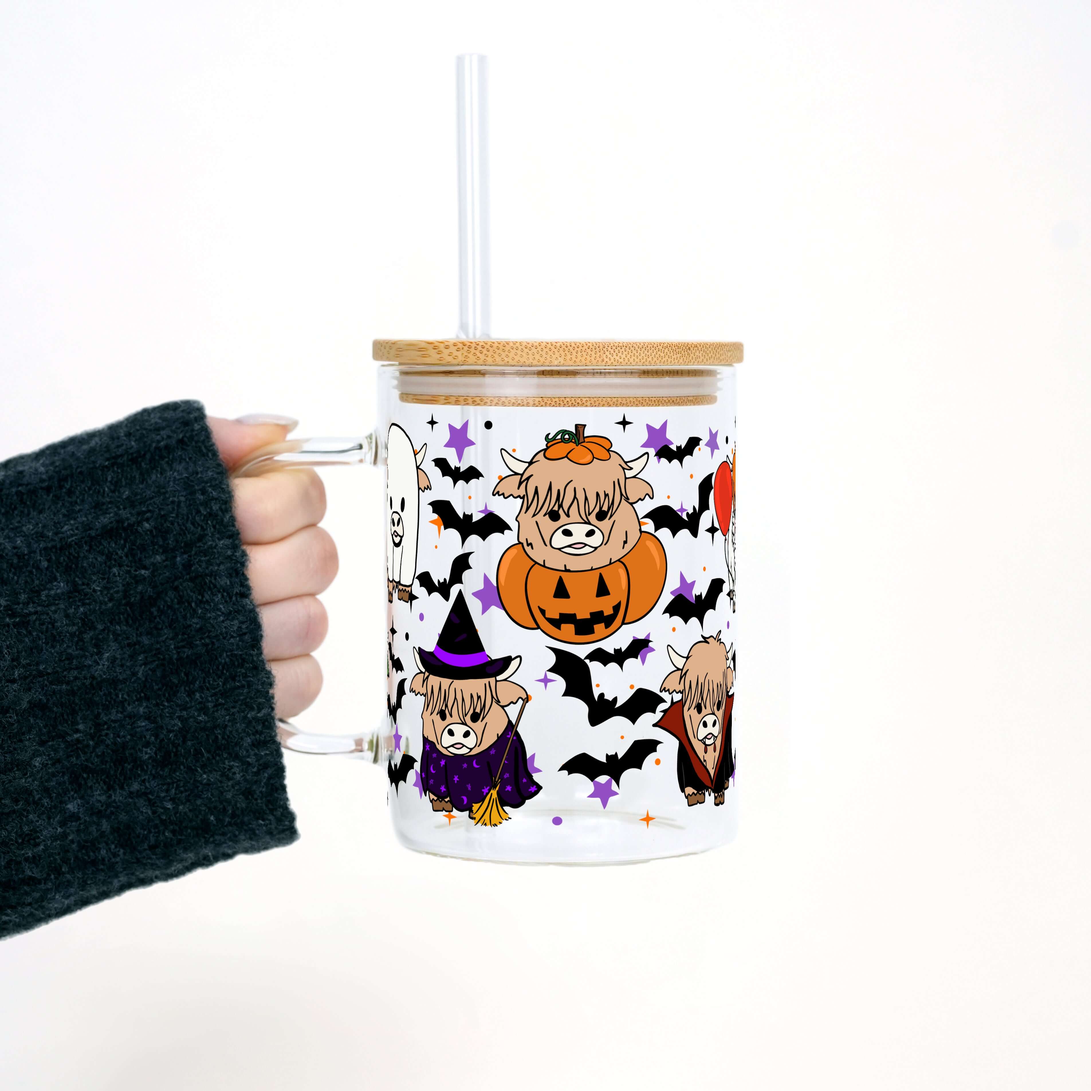 Highland Horror 17oz Glass Mug With Lid and Straw