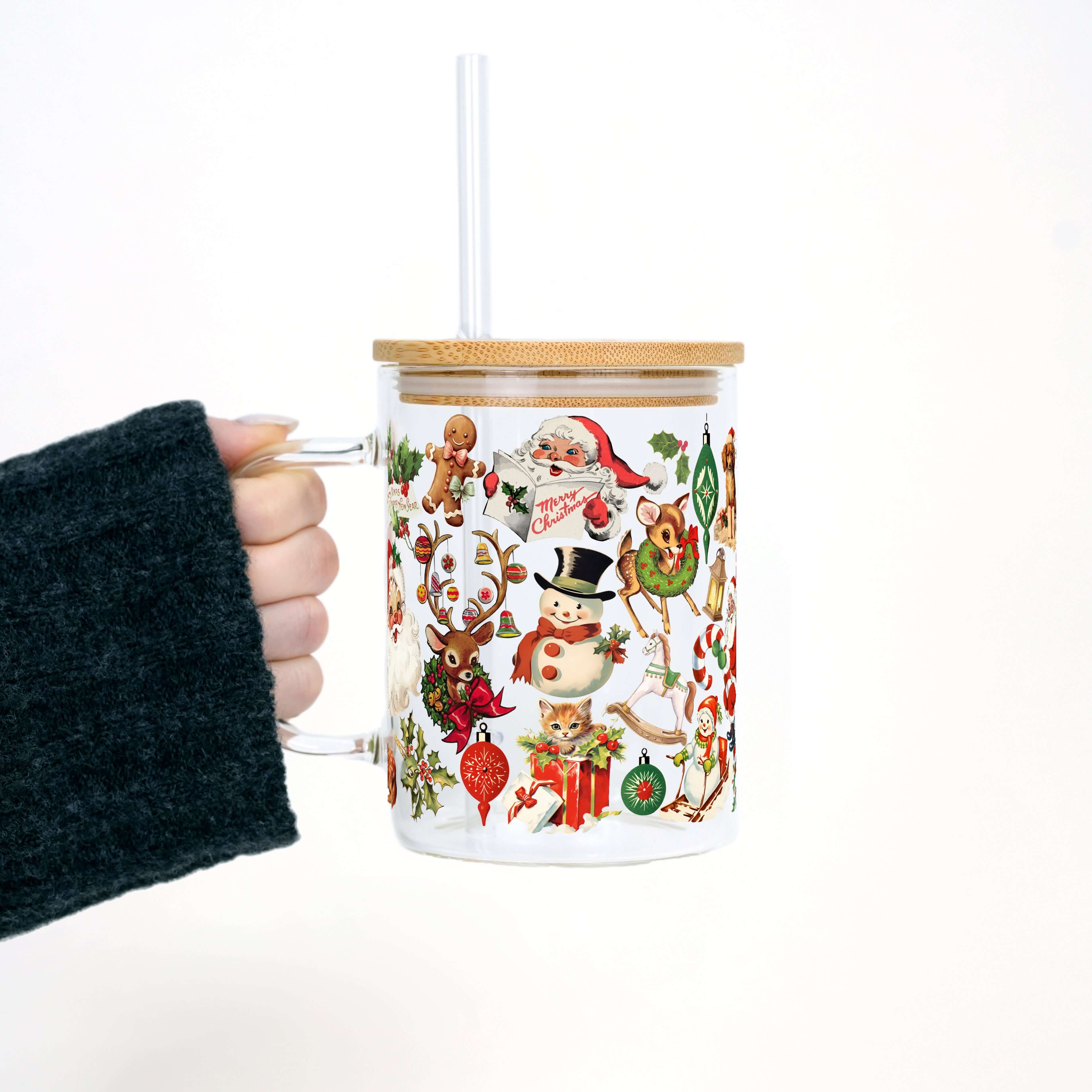 Nostalgic Christmas Clear Glass Mug with Lid & Straw