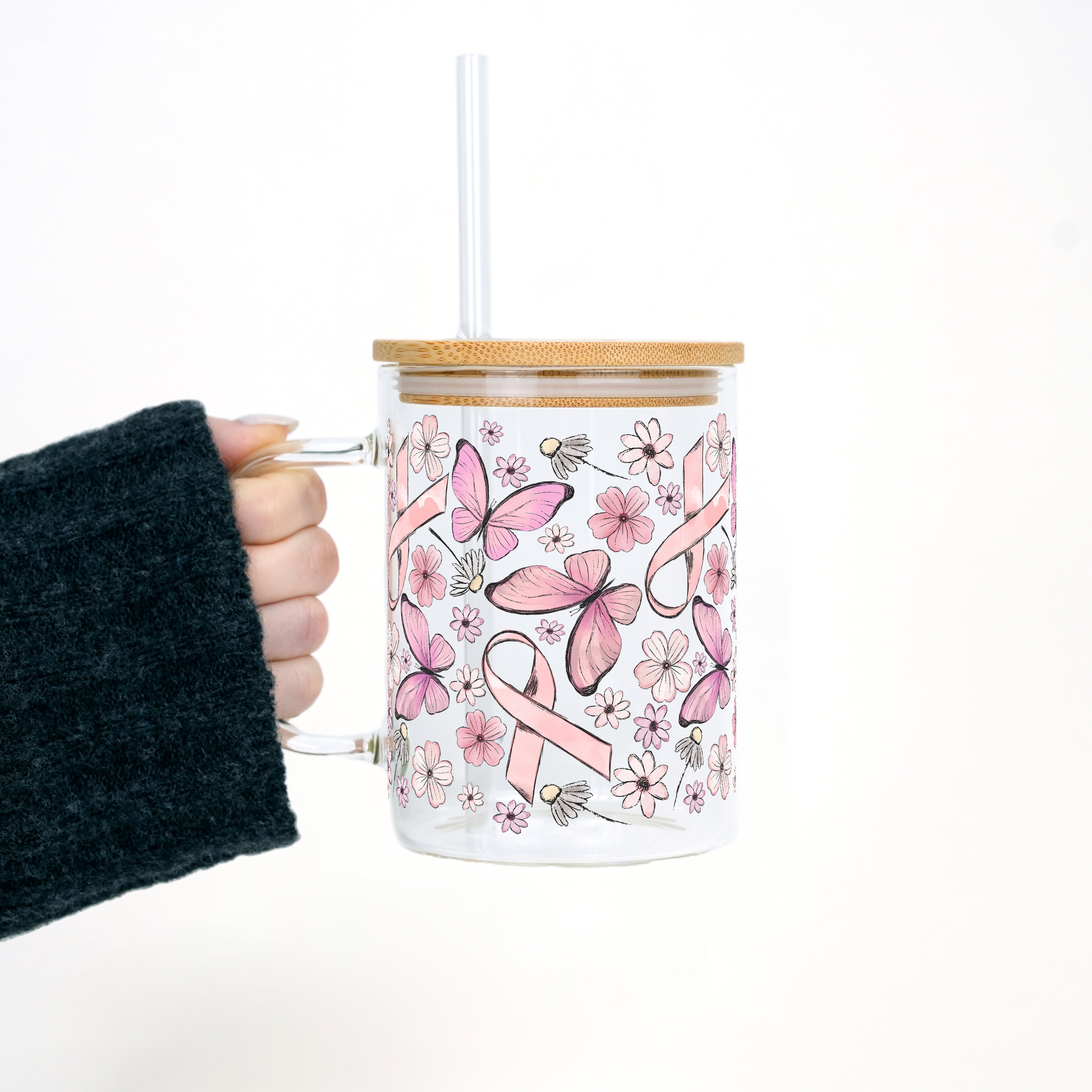 Pink Ribbon Glass Mug With Lid and Straw