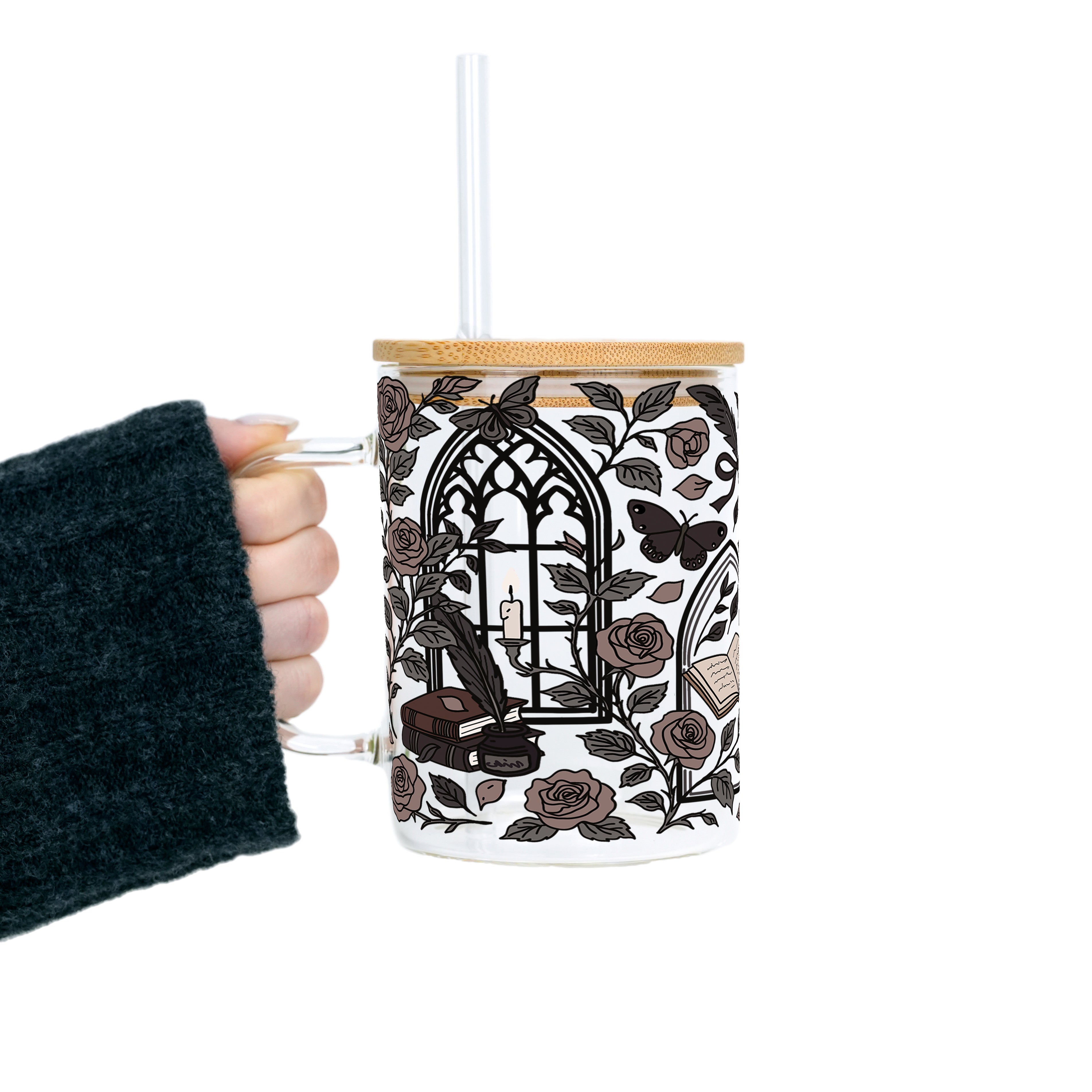 Dark Academia Clear Glass Mug With Lid & Straw