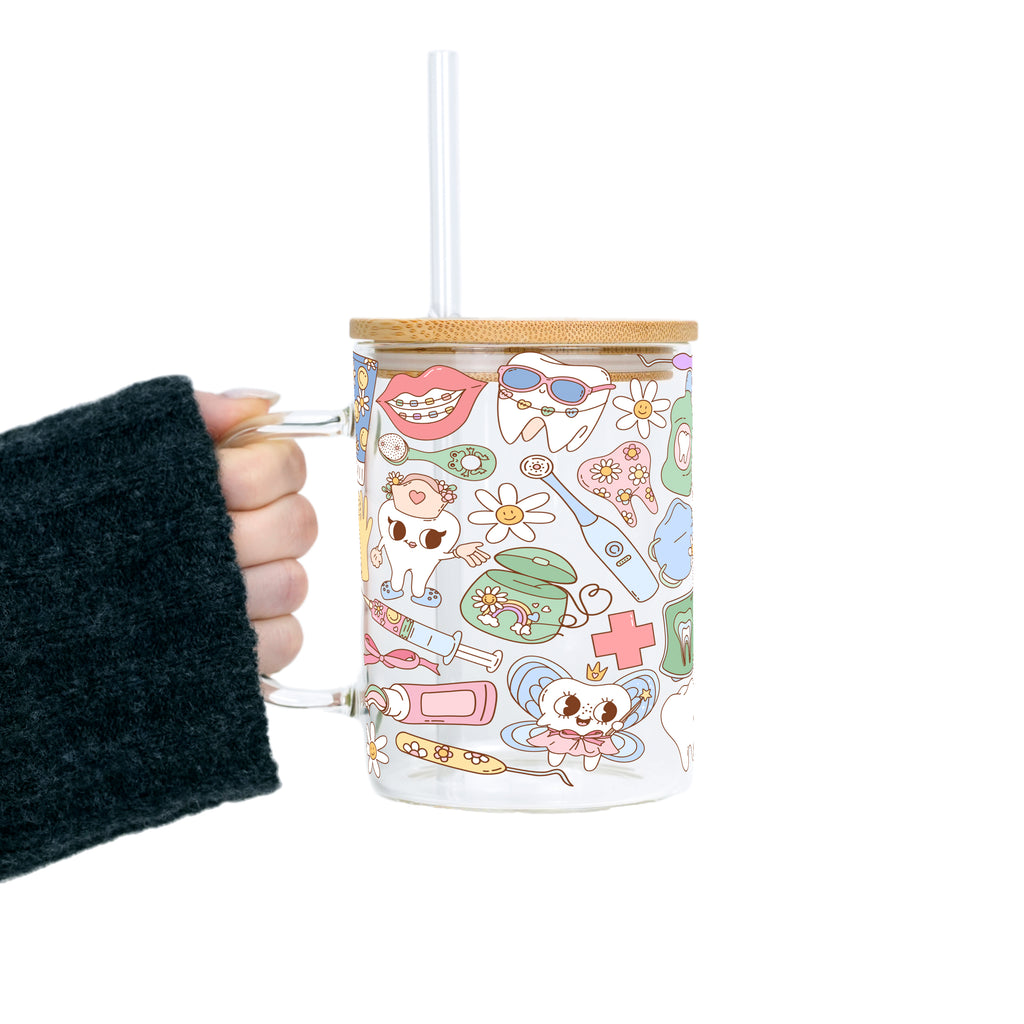 Groovy Dental Glass Cup, Mug & Tumbler with Lid and Straw