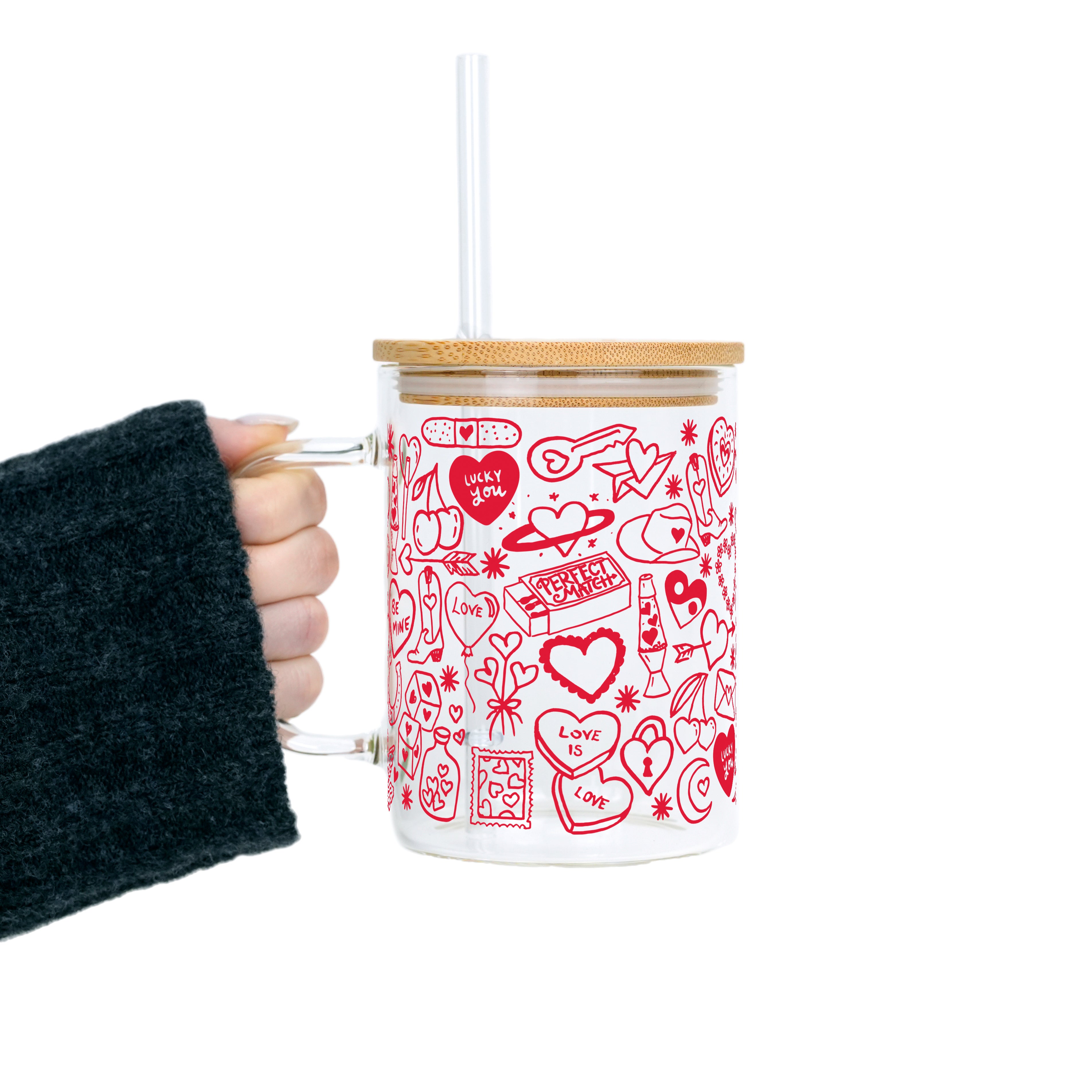 Red Tiny Tattoo Clear Glass Mug with Lid & Straw